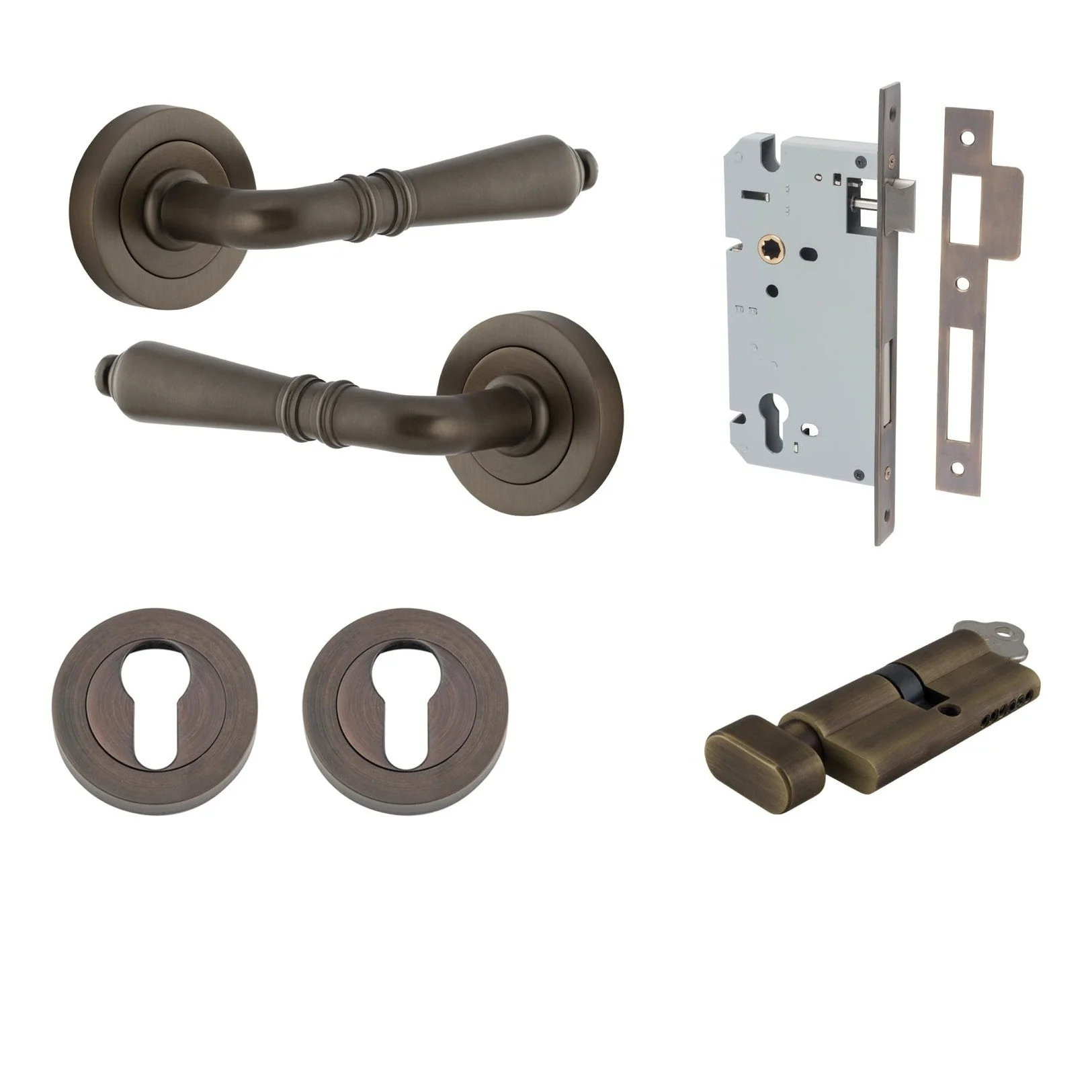 Iver Door Handle Sarlat Round Rose Pair Key/Thumb Signature Brass Entrance Kit