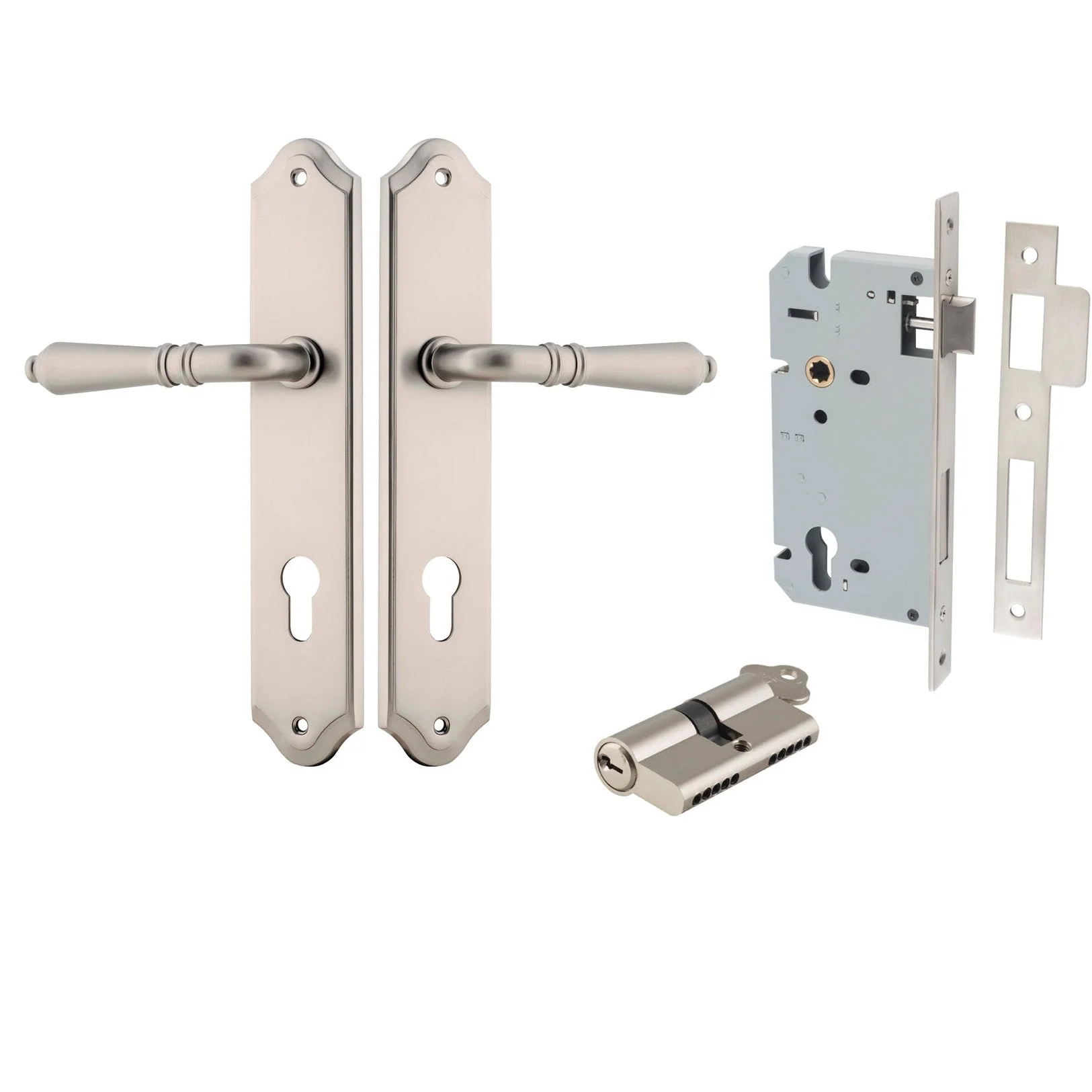 Iver Door Handle Sarlat Shouldered Euro Key/Key Satin Nickel Entrance Kit