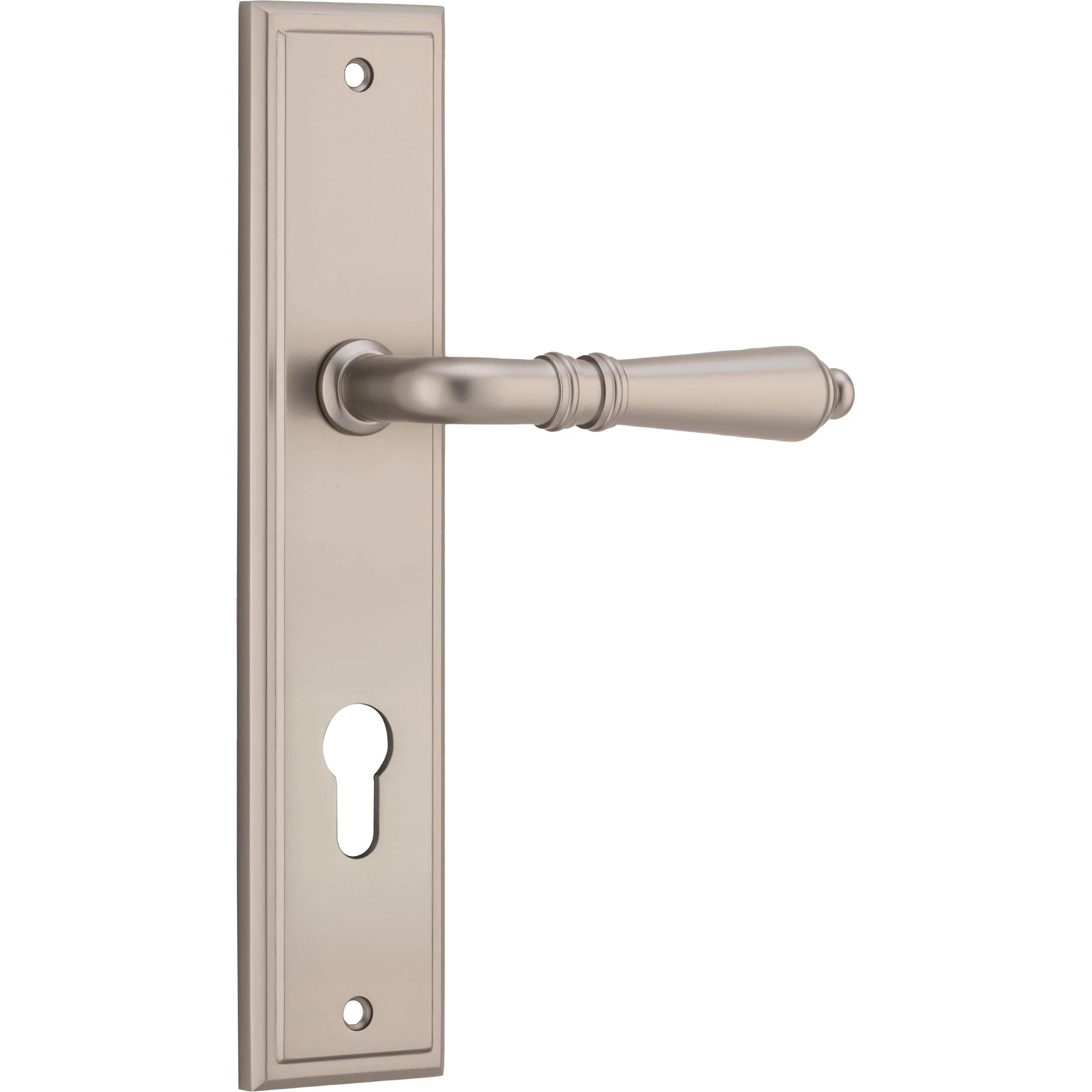 Iver Door Handle Sarlat Stepped Euro Pair Satin Nickel