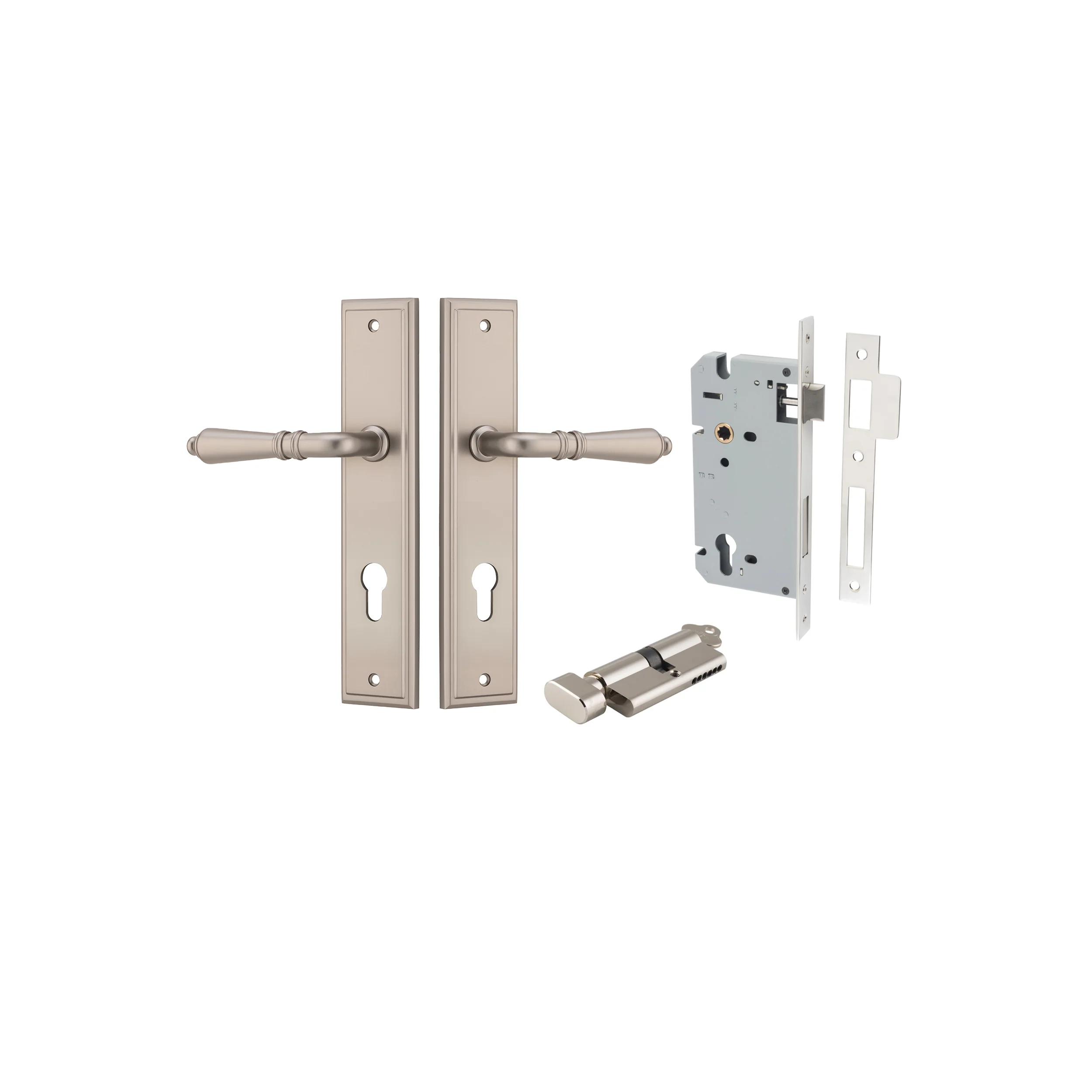 Iver Door Handle Sarlat Stepped Satin Nickel Key / Thumb Entrance Kit