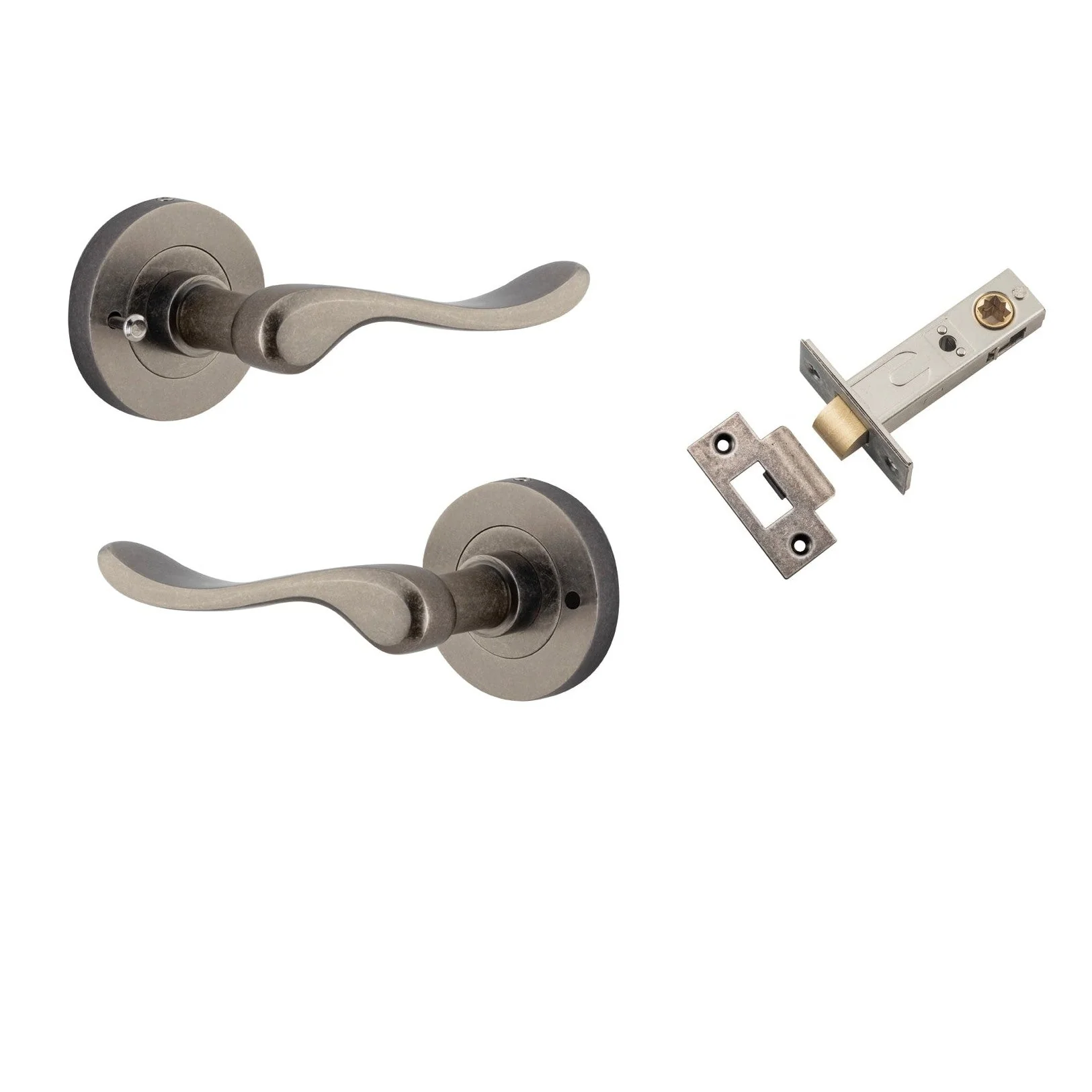 Iver Door Handle Stirling Round Rose Inbuilt Privacy Pair Kit Distressed Nickel