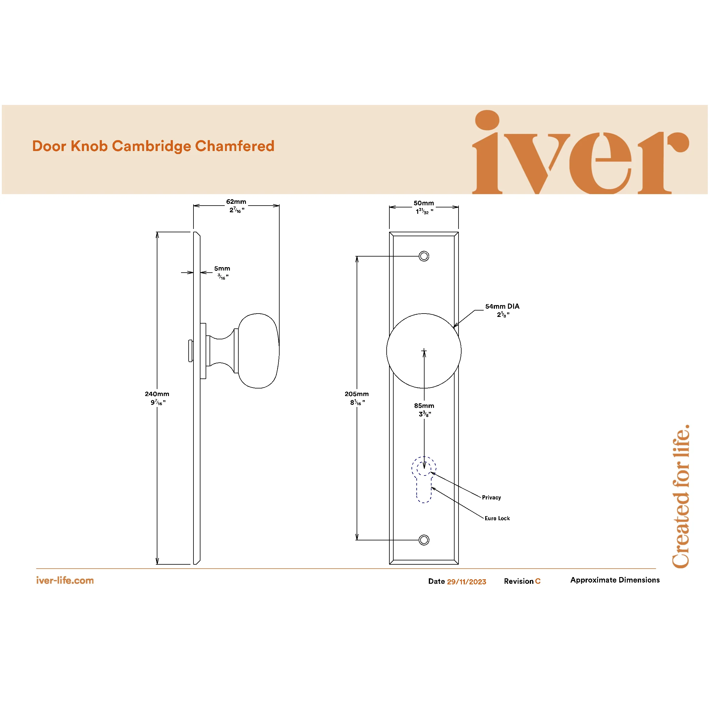 Iver Door Knob Cambridge Chamfered Euro Pair Satin Nickel - Image 2