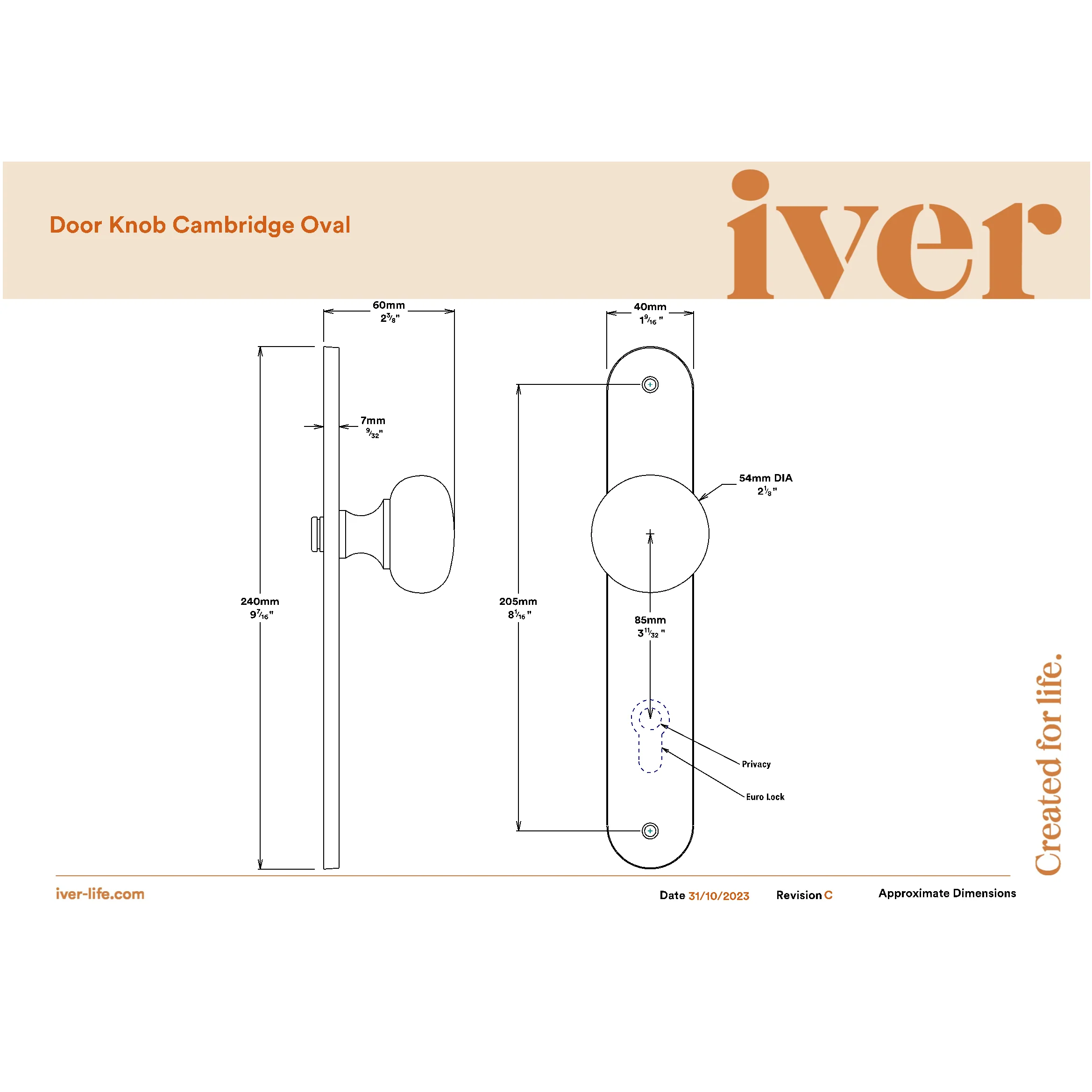 Iver Door Knob Cambridge Oval Euro Key/Thumb Signature Brass Entrance Kit - Image 2
