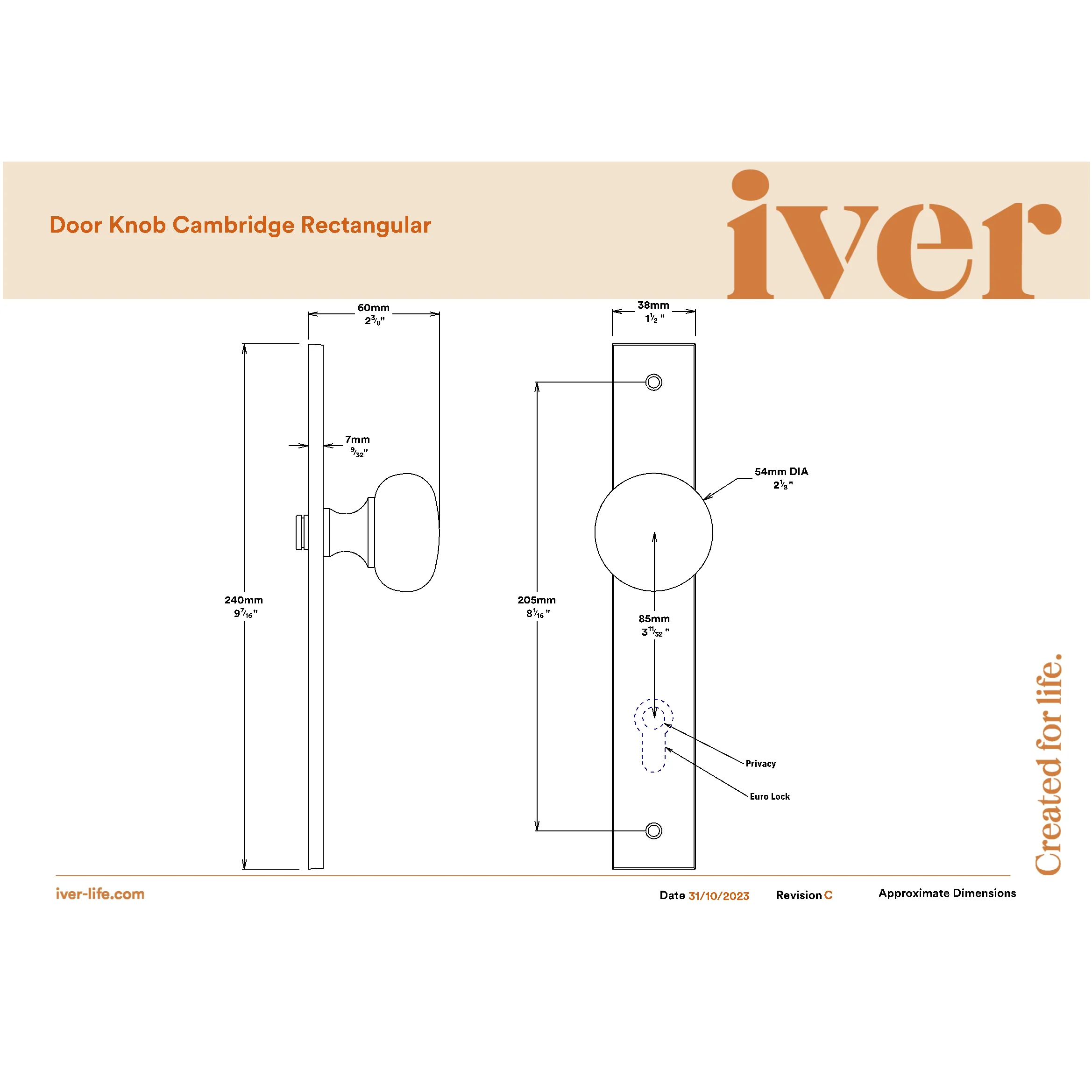 Iver Door Knob Cambridge Rectangular Euro Pair Polished Brass - Image 2