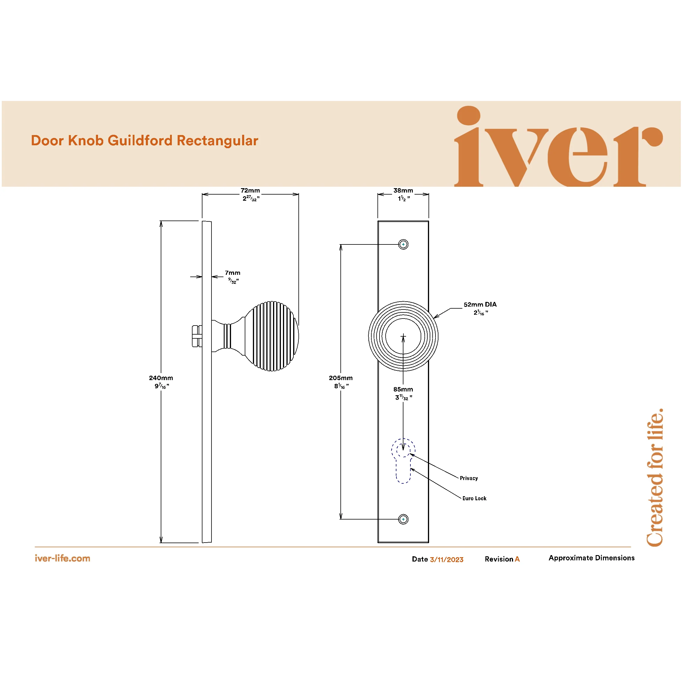 Iver Door Knob Guildford Rectangular Latch Pair Brushed Chrome - Image 2