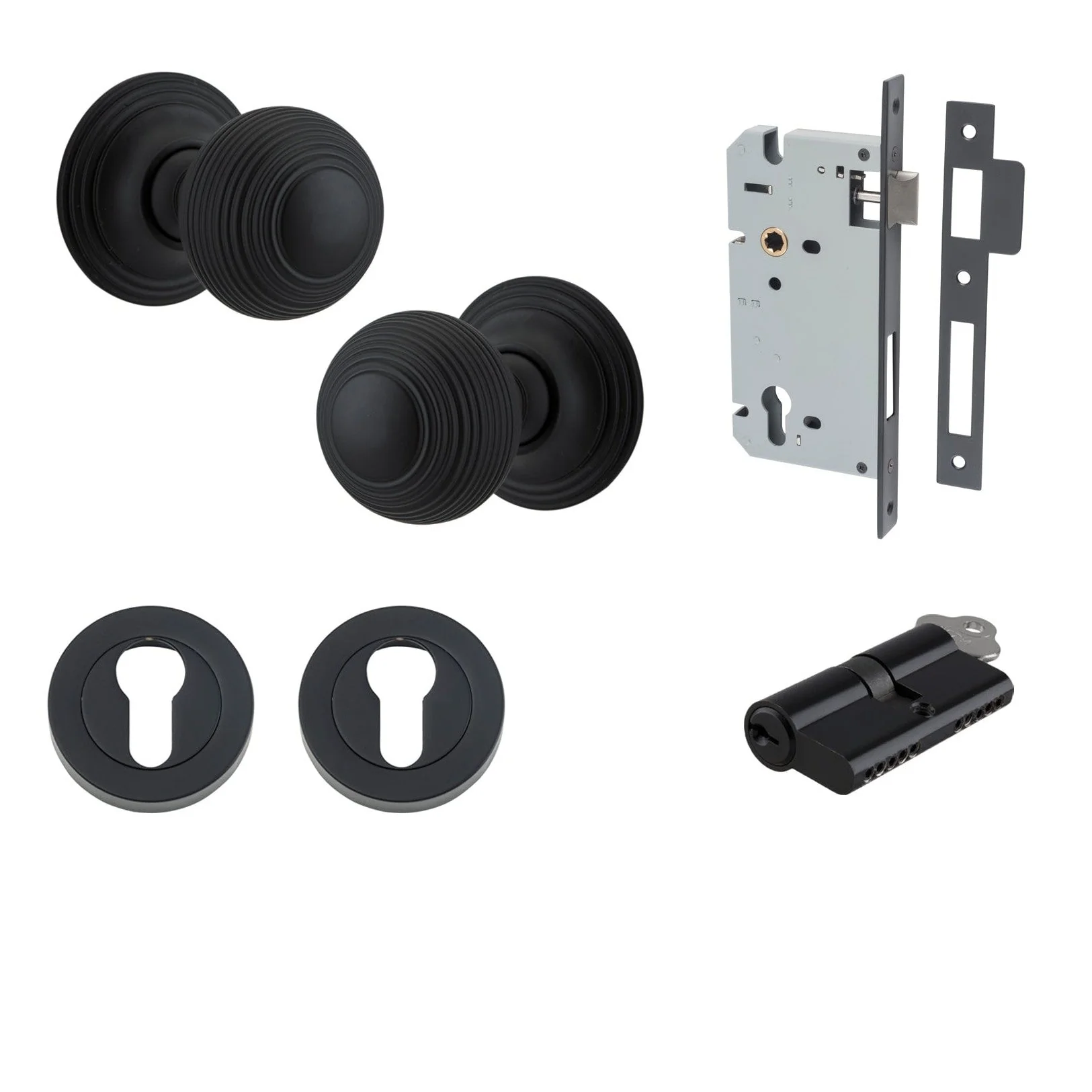 Iver Door Knob Guildford Round Rose Concealed Fix Key/Key Matt Black Entrance Kit