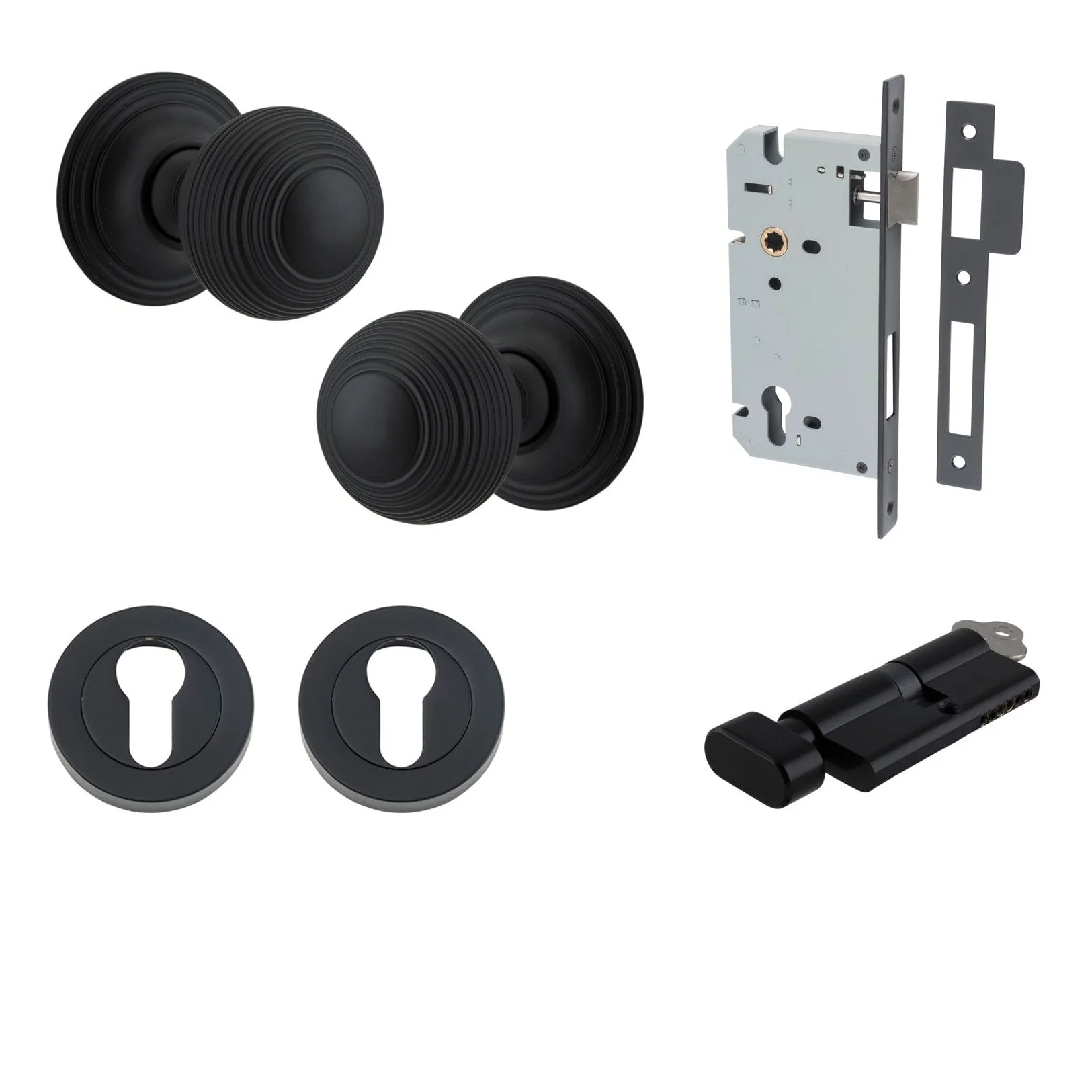 Iver Door Knob Guildford Round Rose Concealed Fix Key/Thumb Matt Black Entrance Kit