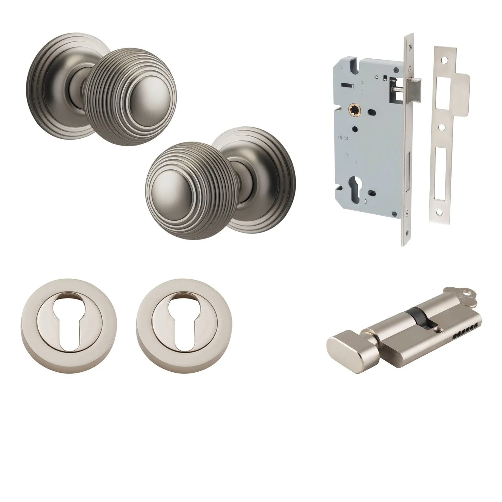 Iver Door Knob Guildford Round Rose Concealed Fix Key/Thumb Satin Nickel Entrance Kit