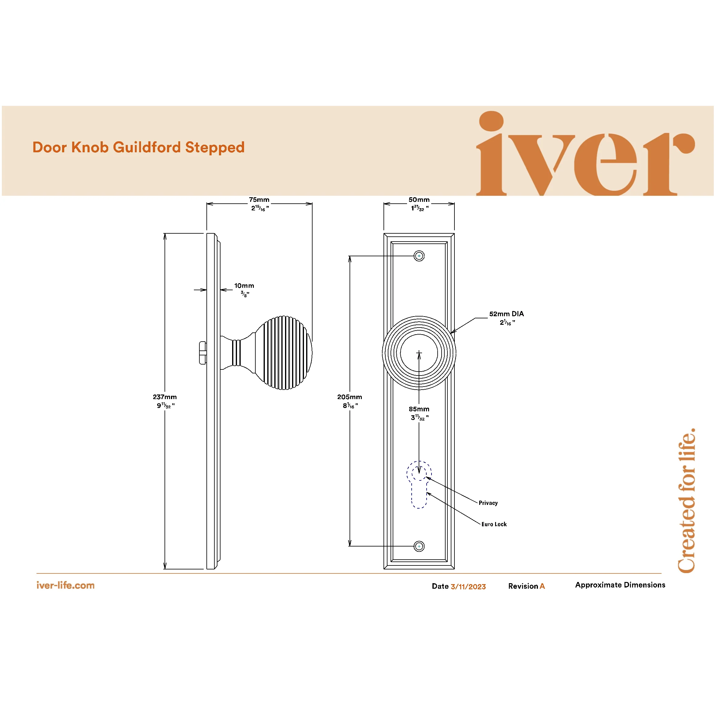 Iver Door Knob Guildford Stepped Euro Key/Thumb Brushed Brass Entrance Kit - Image 2