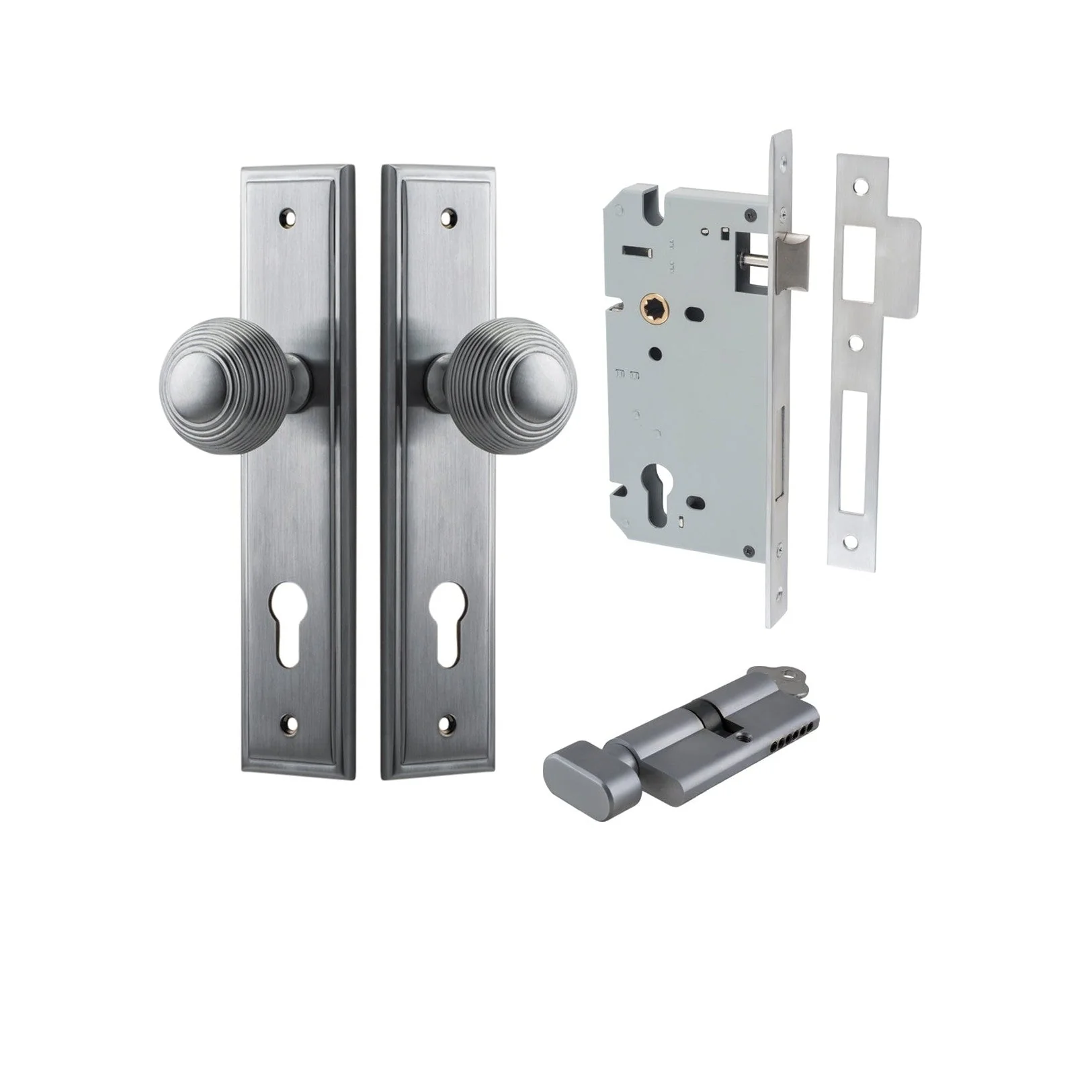 Iver Door Knob Guildford Stepped Euro Key/Thumb Brushed Chrome Entrance Kit