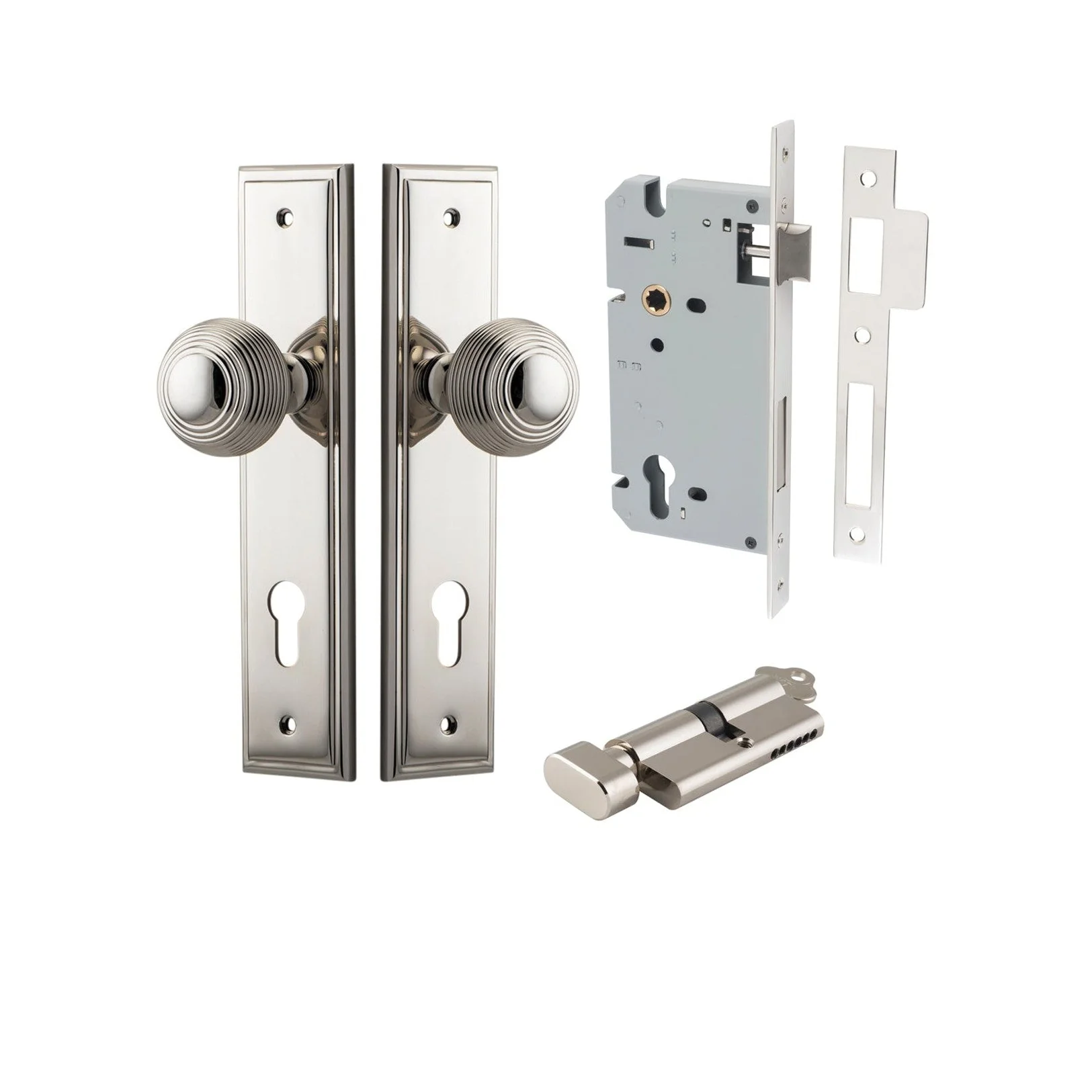 Iver Door Knob Guildford Stepped Euro Key/Thumb Polished Nickel Entrance Kit