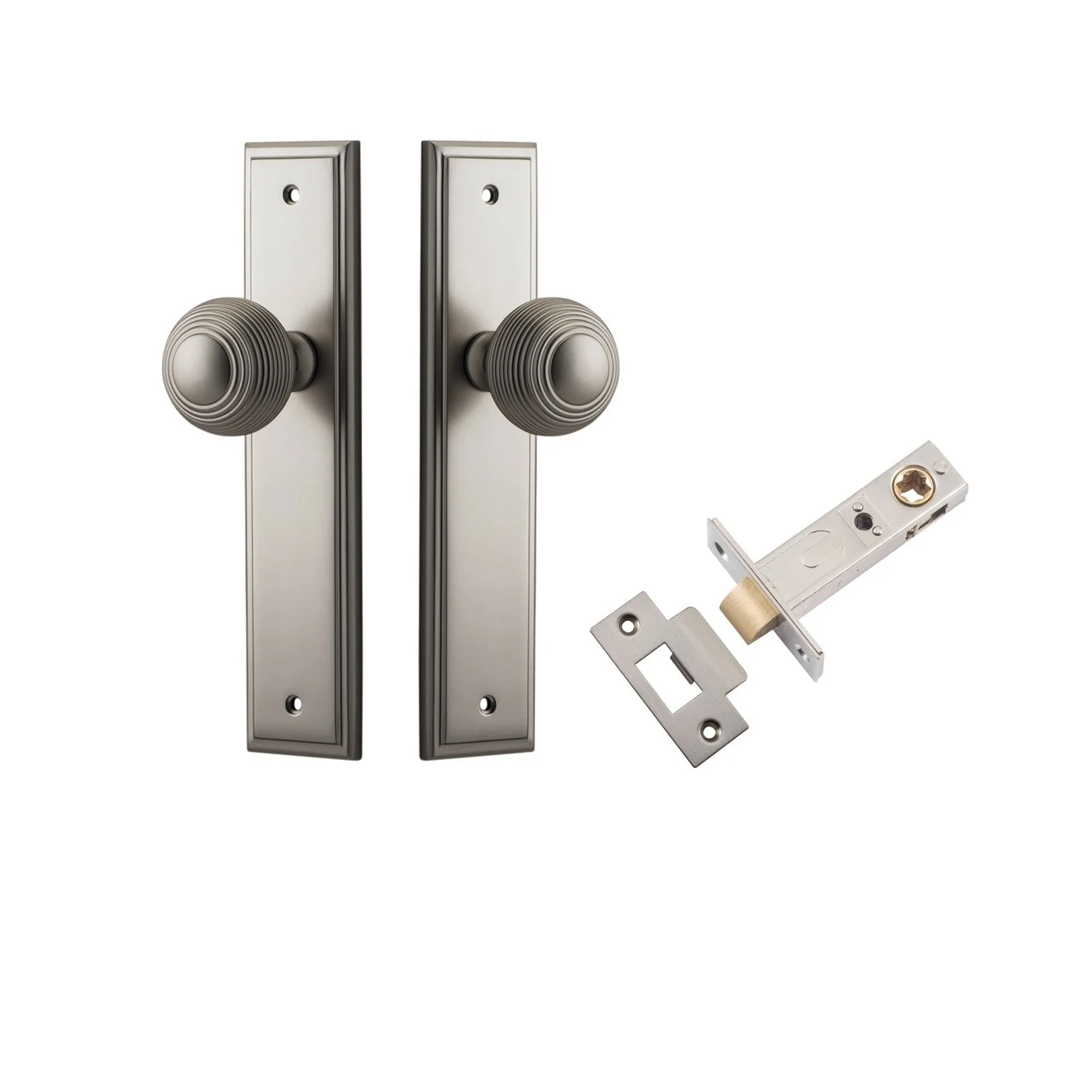 Iver Door Knob Guildford Stepped Latch Satin Nickel Passage Kit
