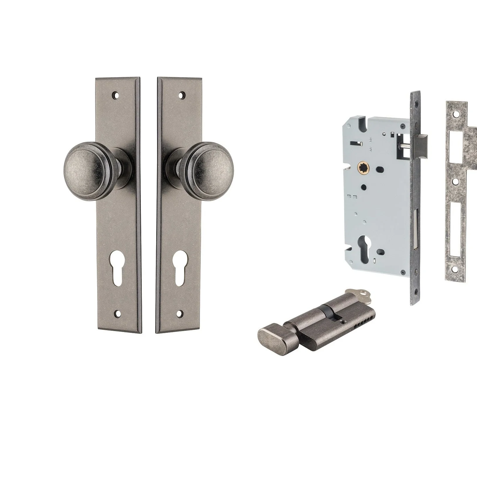 Iver Door Knob Paddington Chamfered Key/Thumb Distressed Nickel Entrance Kit
