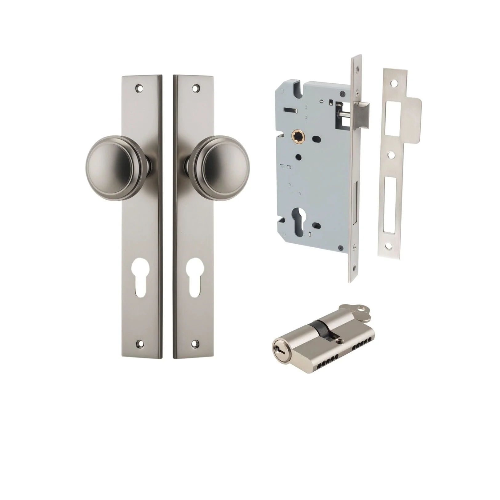 Iver Door Knob Paddington Rectangular Euro Key/Key Satin Nickel Entrance Kit