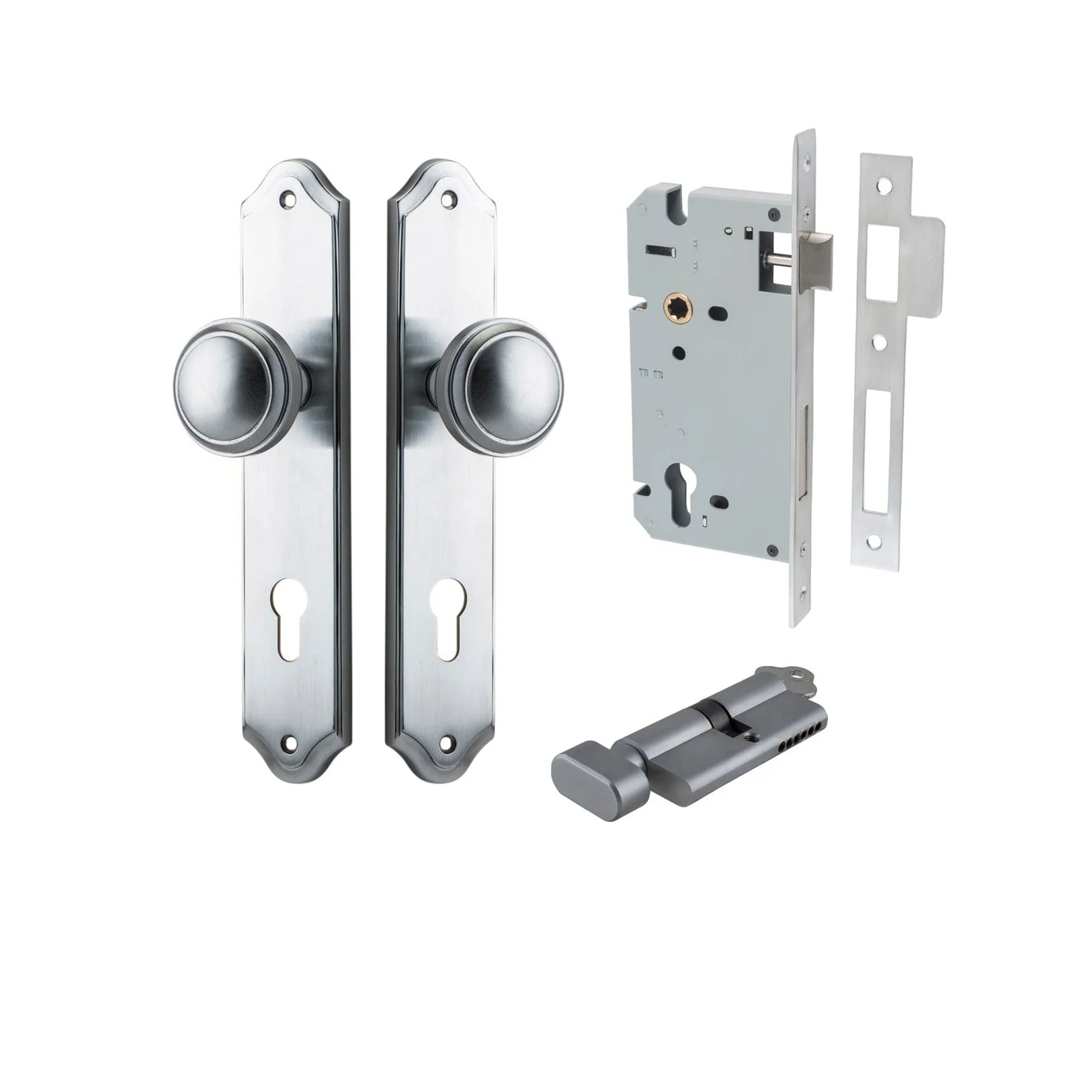 Iver Door Knob Paddington Shouldered Euro Key/Thumb Brushed Chrome Entrance Kit