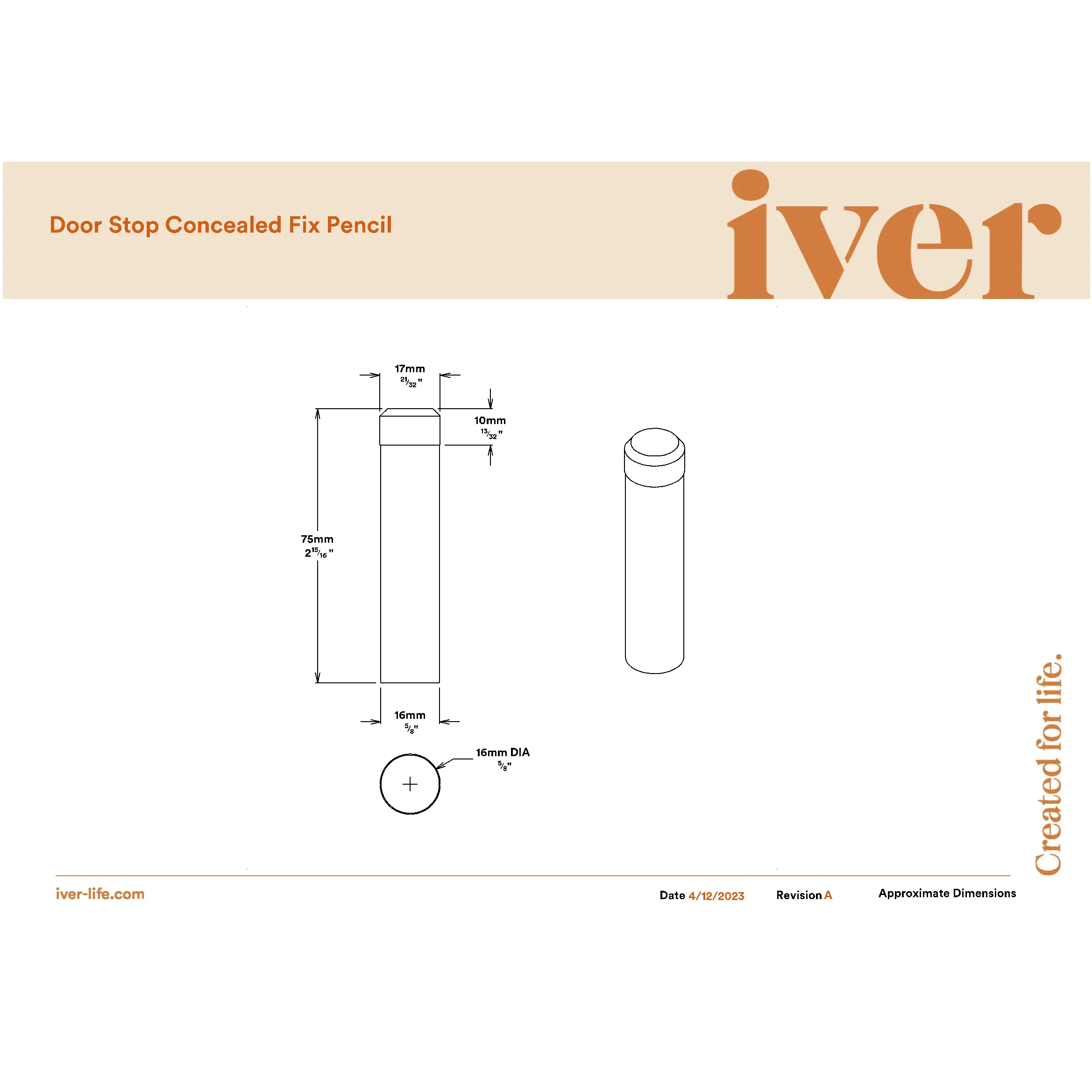 Iver Door Stop Concealed Fix Pencil Brushed Brass D16xP75mm - Image 2