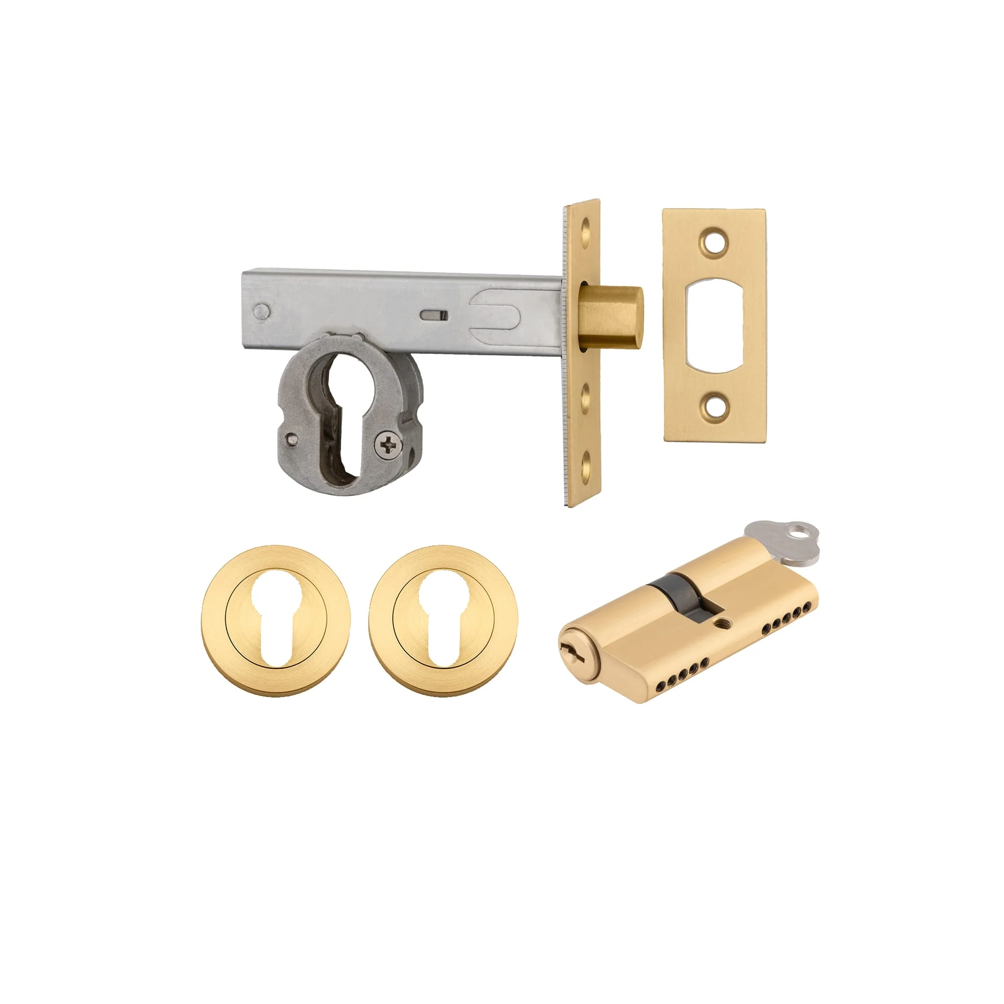 Iver Mortice Deadbolt Euro Brushed Brass Backset 60mm Key/Key Escutcheon Round Kit