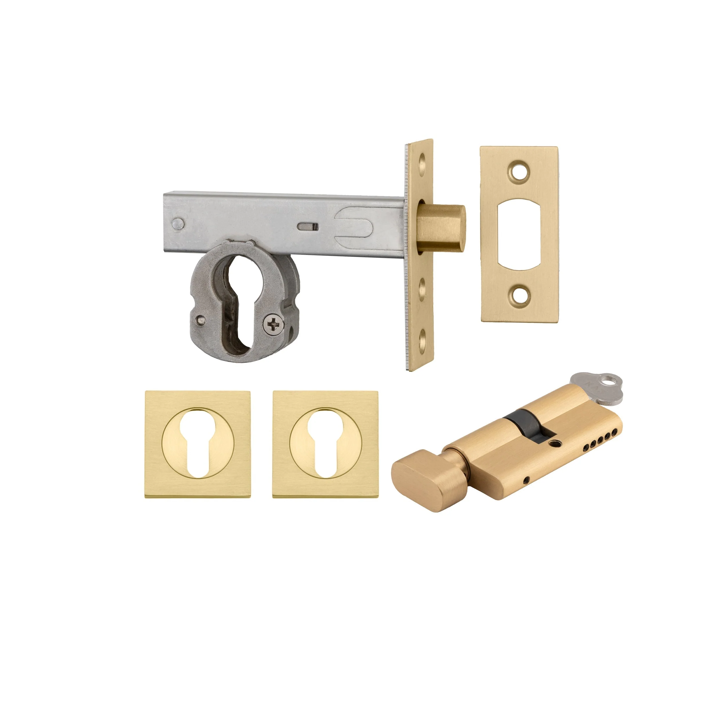 Iver Mortice Deadbolt Euro Brushed Gold PVD Backset 60mm Key/Thumb Escutcheon Square Kit