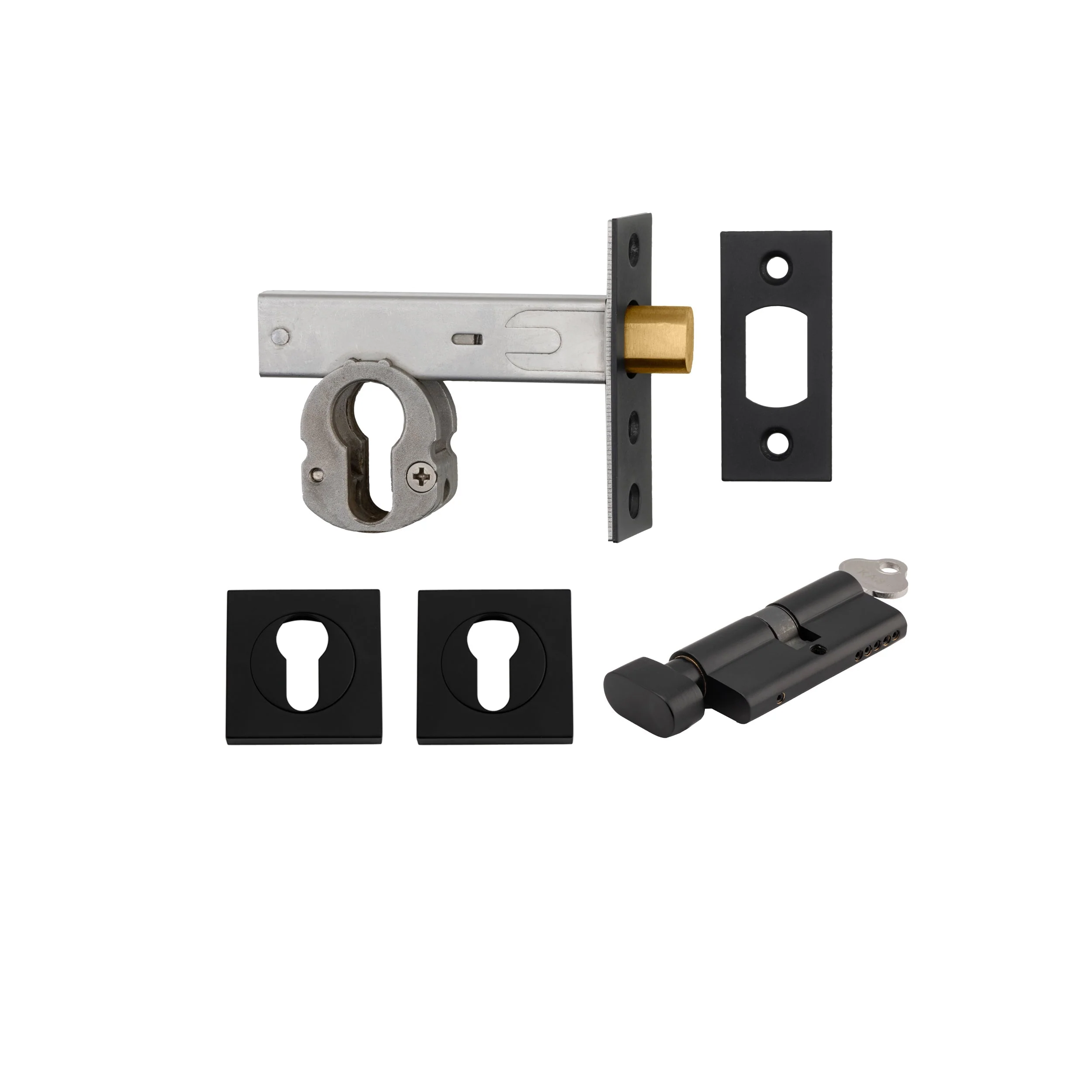 Iver Mortice Deadbolt Euro Matt Black Backset 60mm Key/Thumb Escutcheon Square Kit