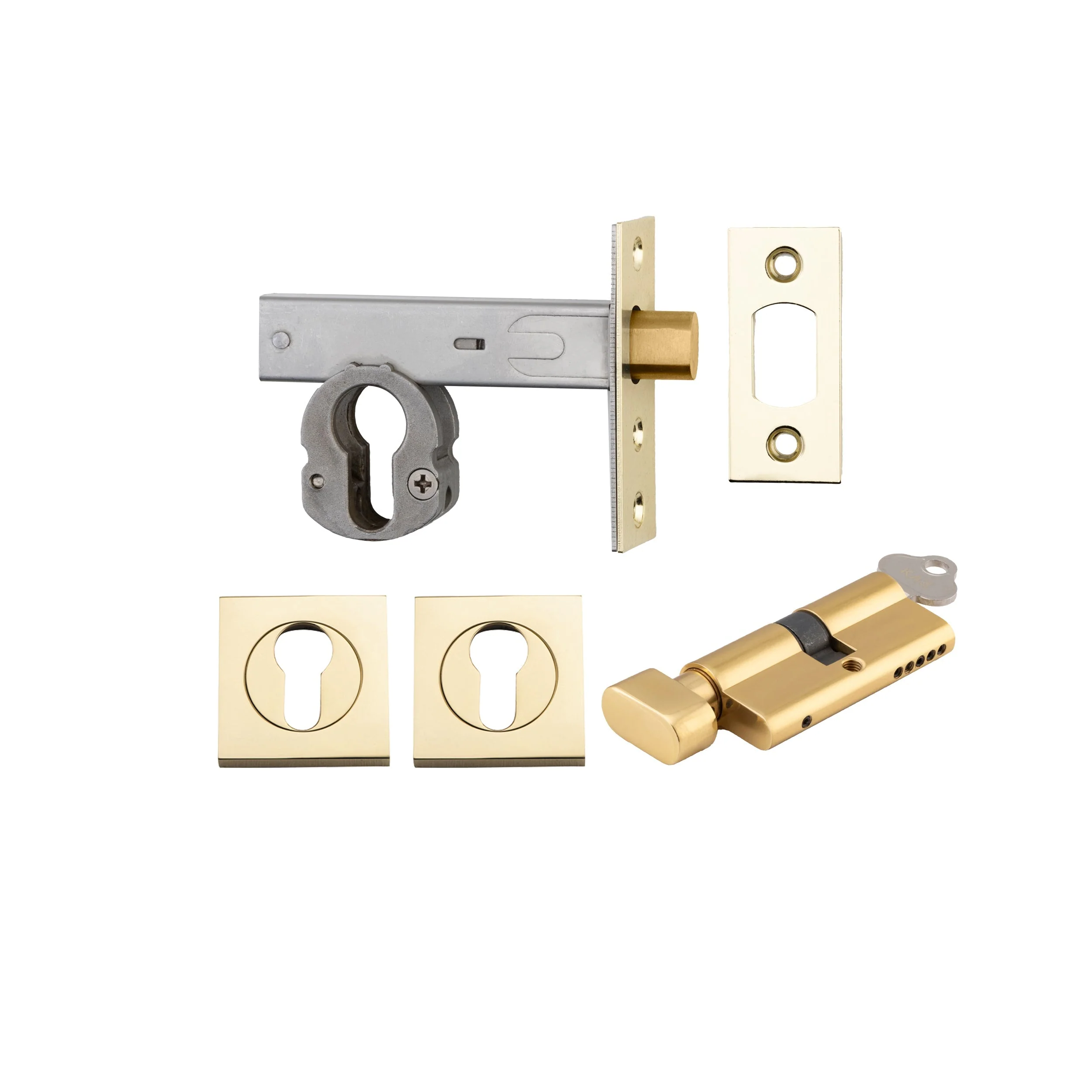 Iver Mortice Deadbolt Euro Polished Brass Backset 60mm Key/Thumb Escutcheon Square Kit
