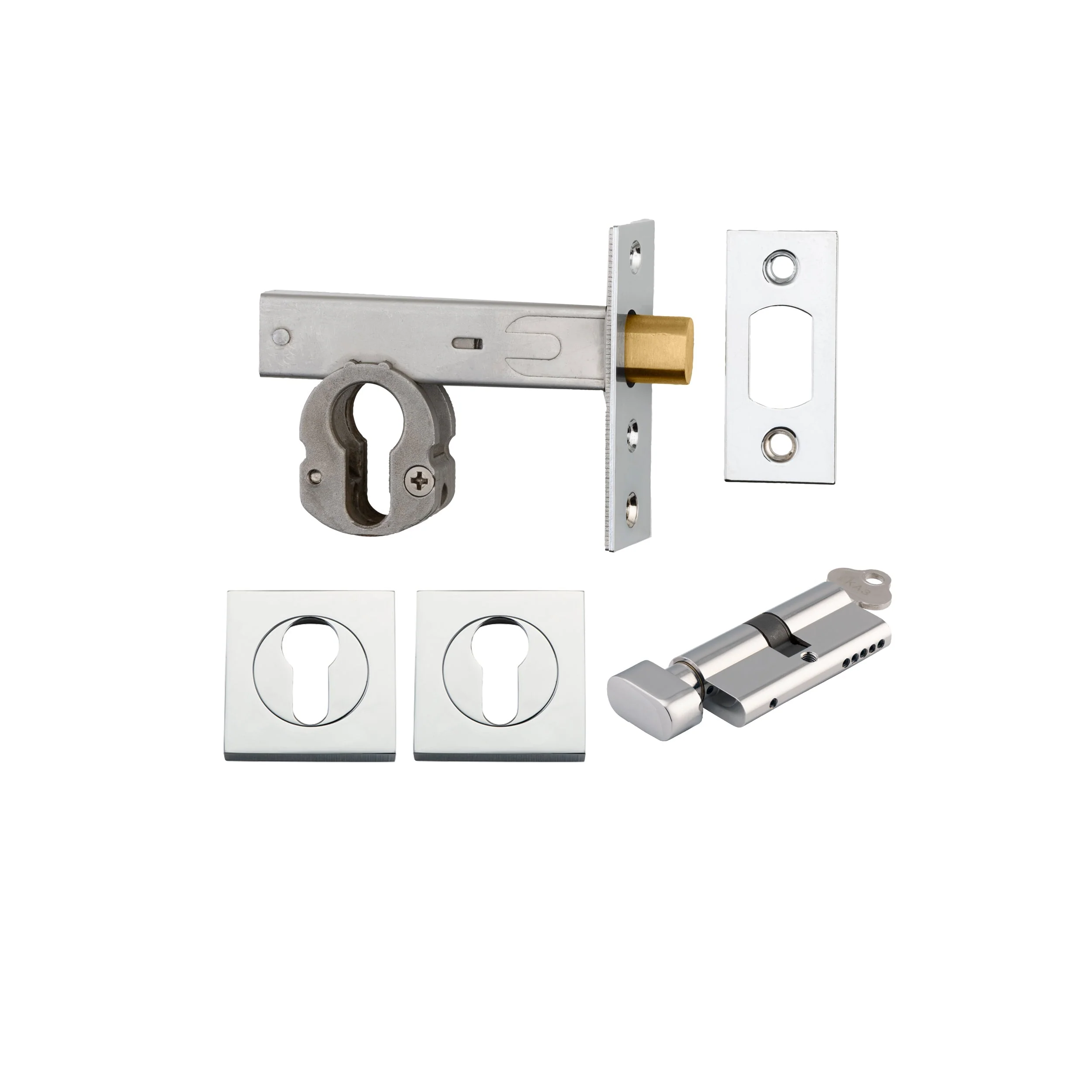 Iver Mortice Deadbolt Euro Polished Chrome Backset 60mm Key/Thumb Escutcheon Square Kit
