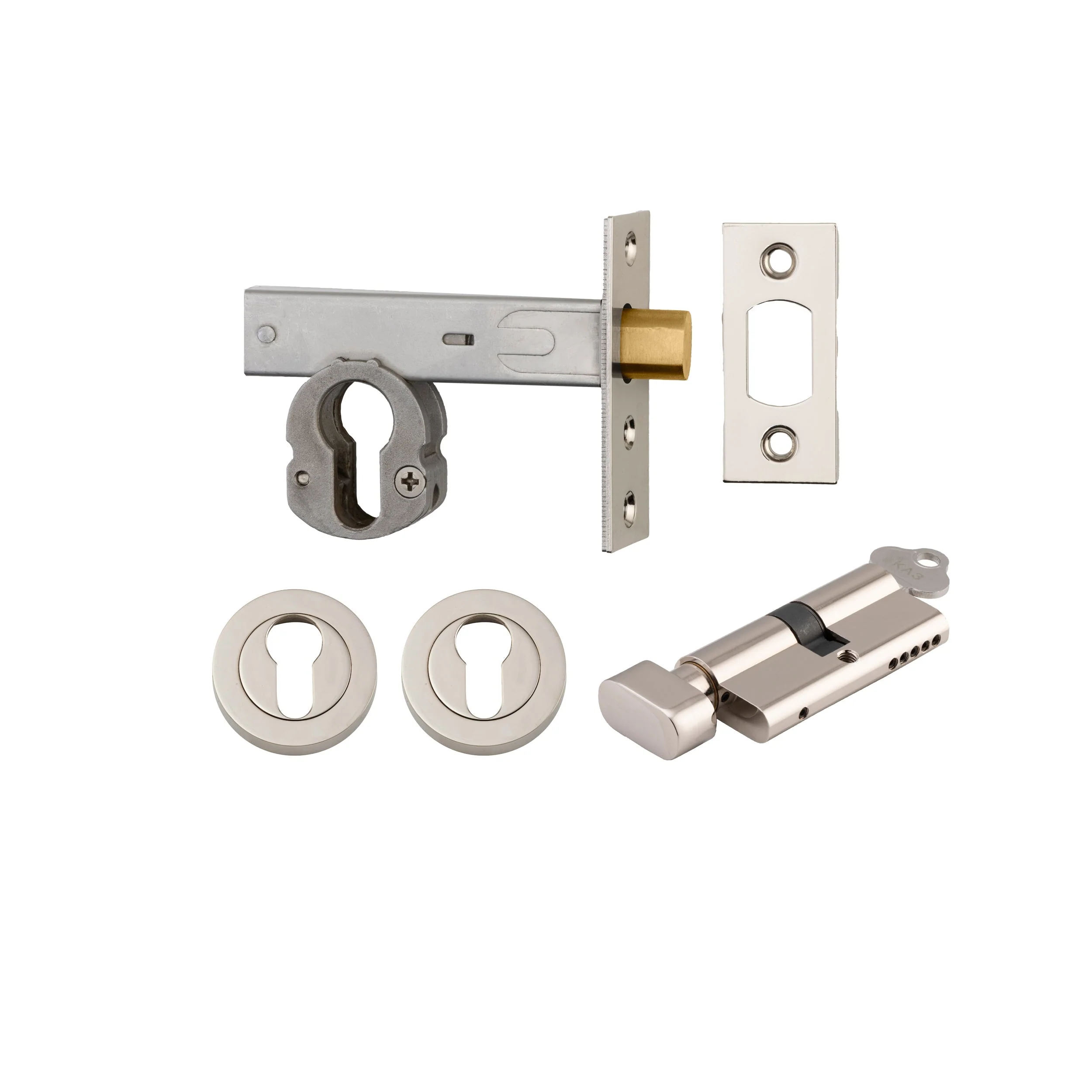 Iver Mortice Deadbolt Euro Polished Nickel Backset 60mm Key/Thumb Escutcheon Round Kit
