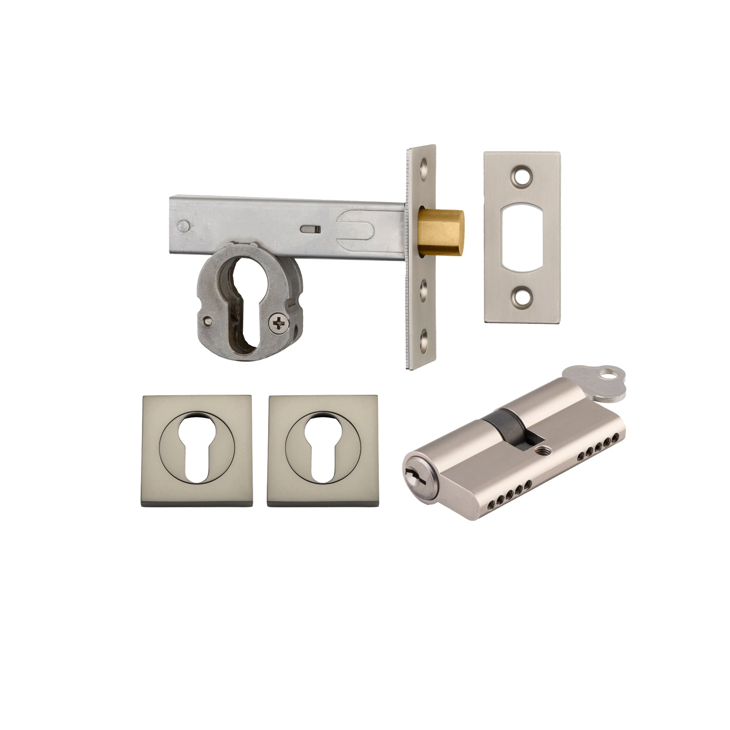Iver Mortice Deadbolt Euro Satin Nickel Backset 60mm Key/Key Escutcheon Square Kit