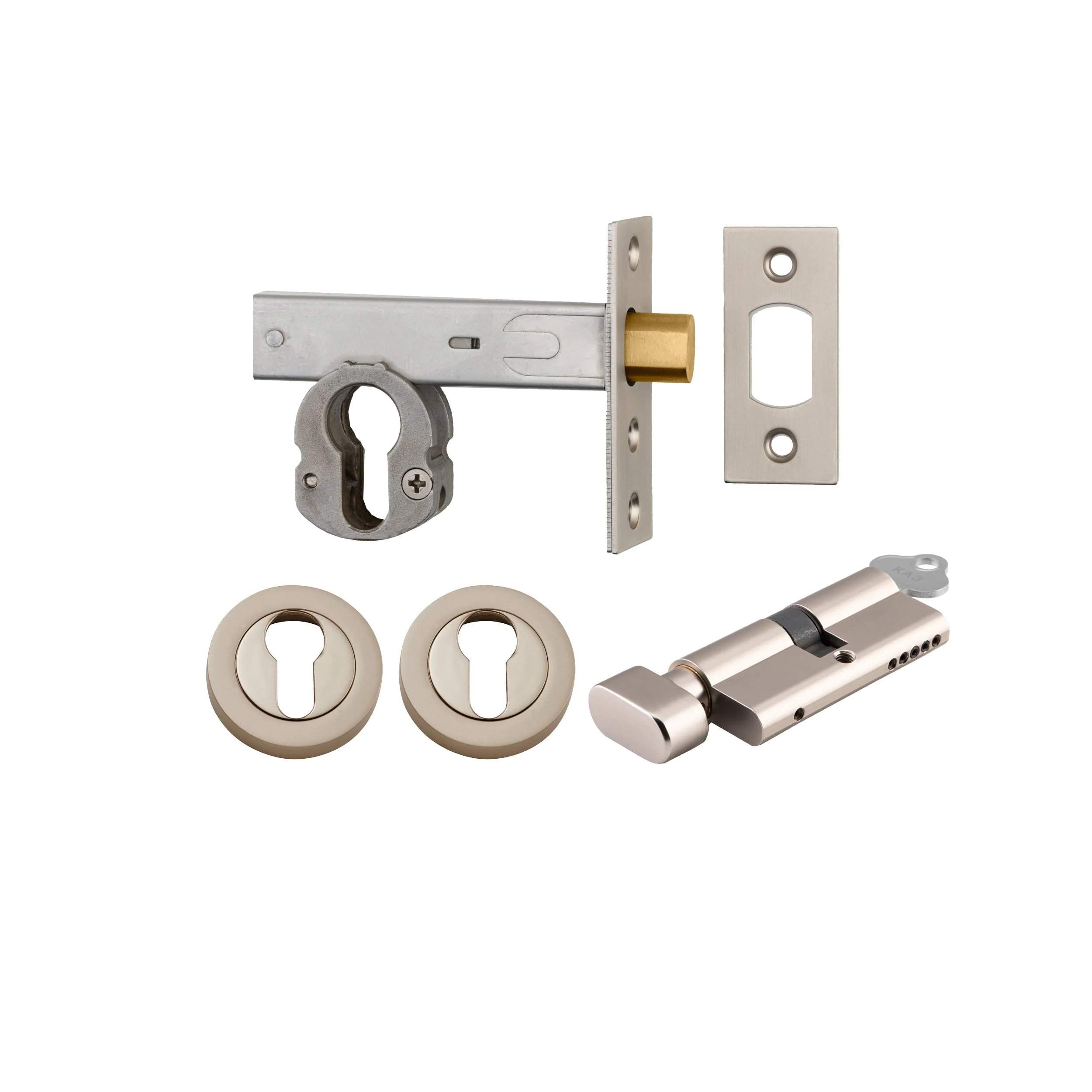 Iver Mortice Deadbolt Euro Satin Nickel Backset 60mm Key/Thumb Escutcheon Round Kit