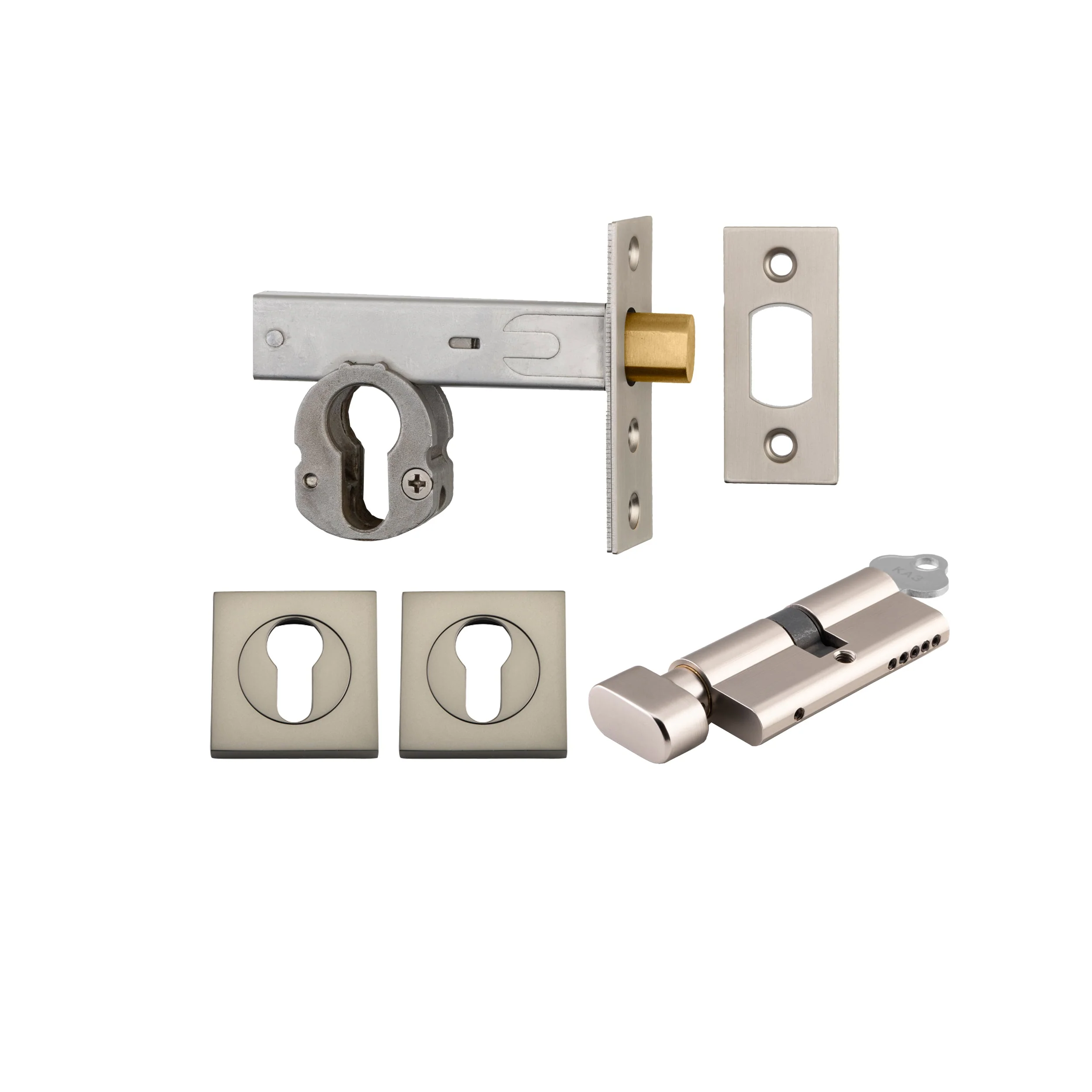 Iver Mortice Deadbolt Euro Satin Nickel Backset 60mm Key/Thumb Escutcheon Square Kit