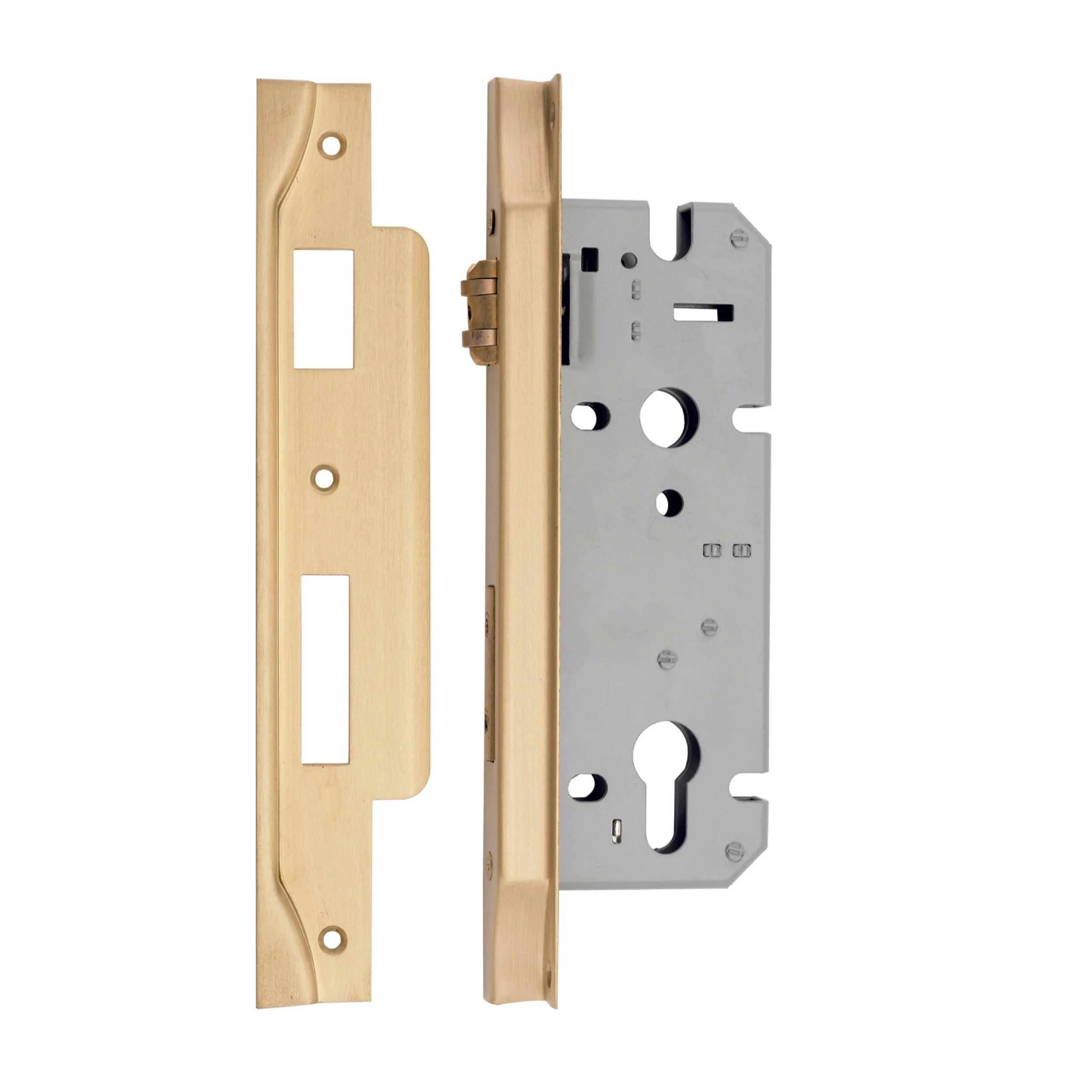 Iver Mortice Lock Roller Euro Rebated Brushed Brass CTC85mm Backset 45mm