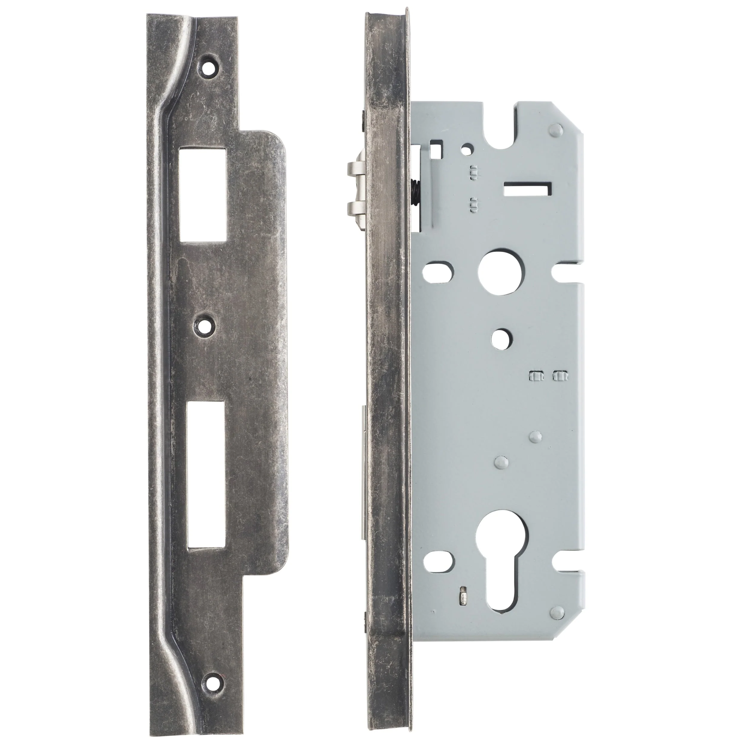 Iver Mortice Lock Roller Euro Rebated Distressed Nickel CTC85mm Backset 45mm