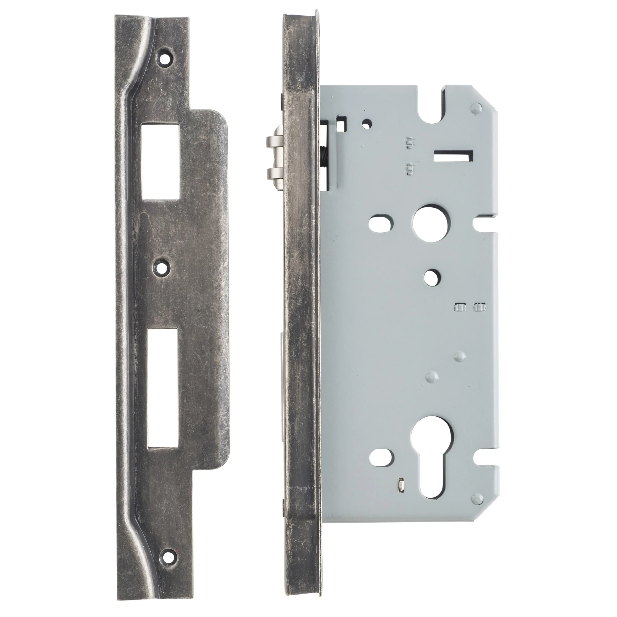 Iver Mortice Lock Roller Euro Rebated Distressed Nickel CTC85mm Backset 60mm