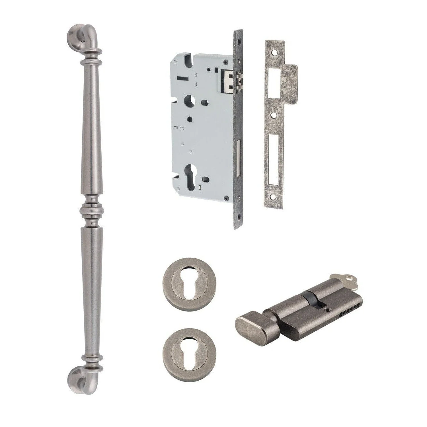 Iver Pull Handle Sarlat Key/Thumb Distressed Nickel L485mm Entrance Kit