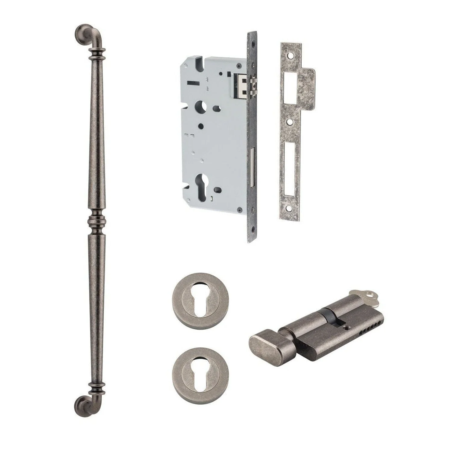 Iver Pull Handle Sarlat Key/Thumb Distressed Nickel L635mm Entrance Kit