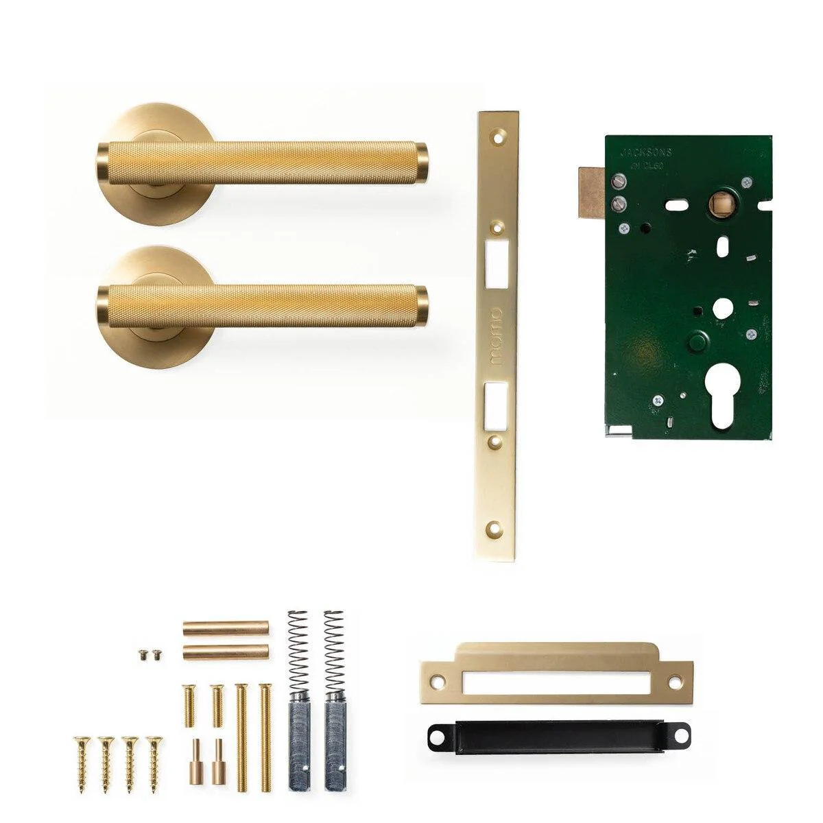 Momo Bellevue Knurled Door Handle Mortice Lock Passage Set Brushed Satin Brass