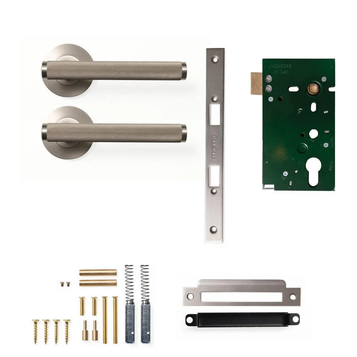 Momo Bellevue Knurled Door Handle Mortice Lock Passage Set Dull Brushed Nickel