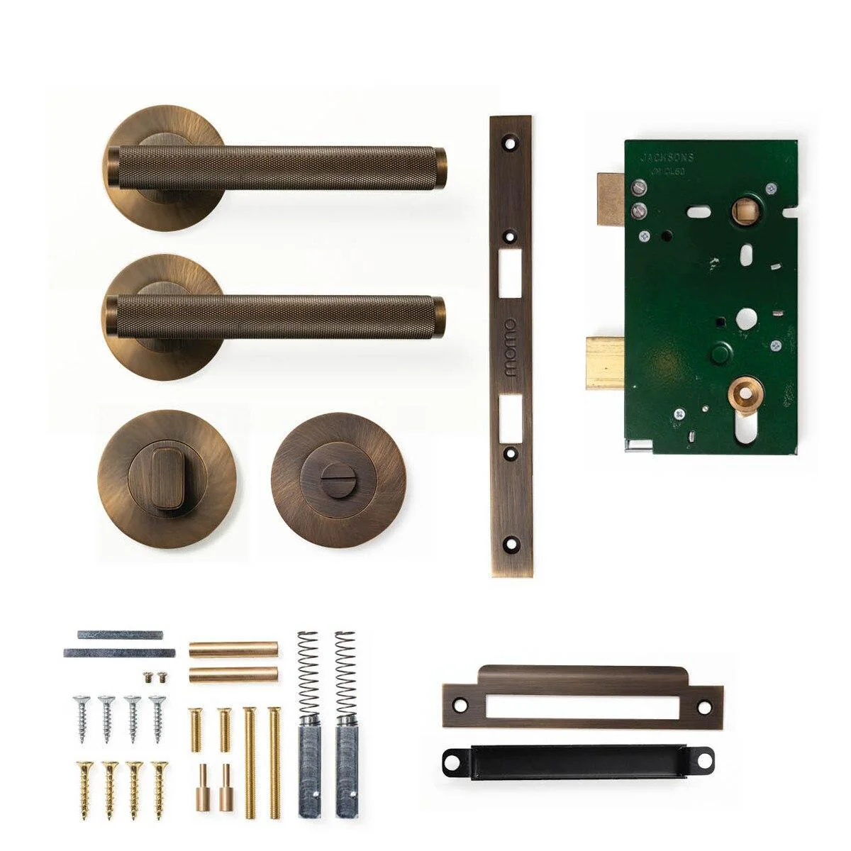 Momo Bellevue Knurled Door Handle Mortice Lock Privacy Set Bronze
