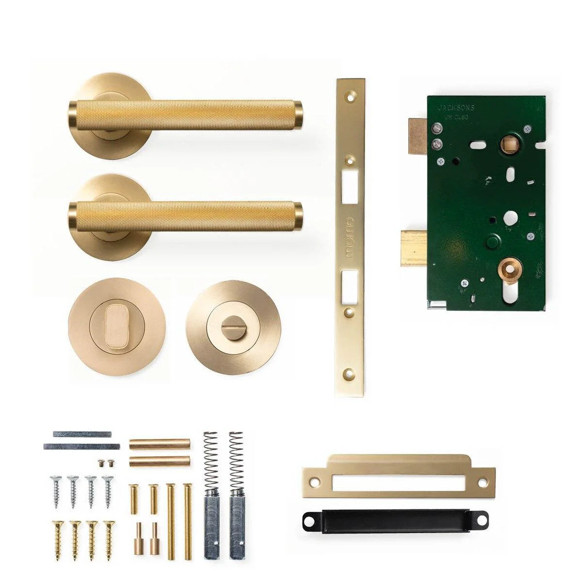 Momo Bellevue Knurled Door Handle Mortice Lock Privacy Set Brushed Satin Brass