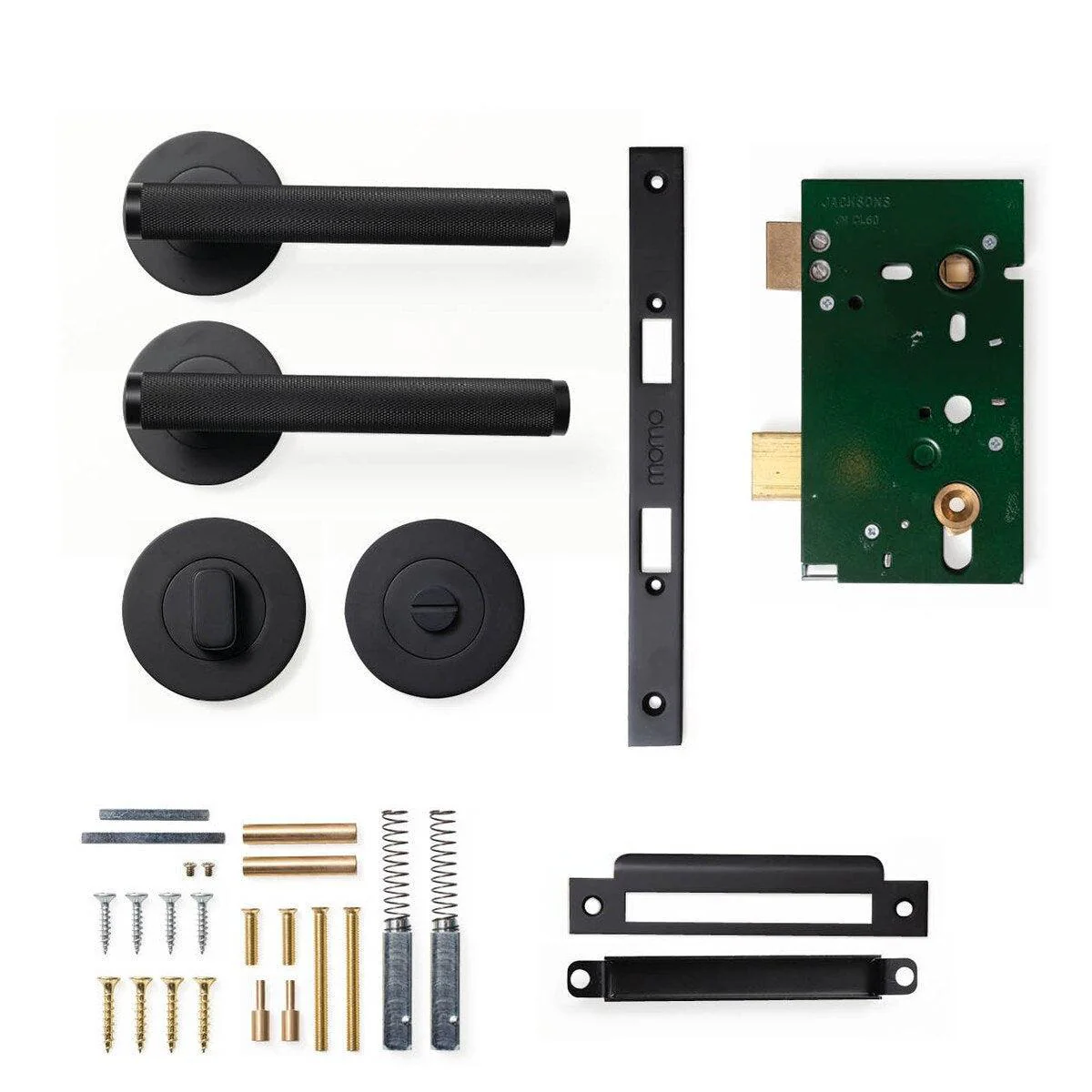 Momo Bellevue Knurled Door Handle Mortice Lock Privacy Set Matt Black