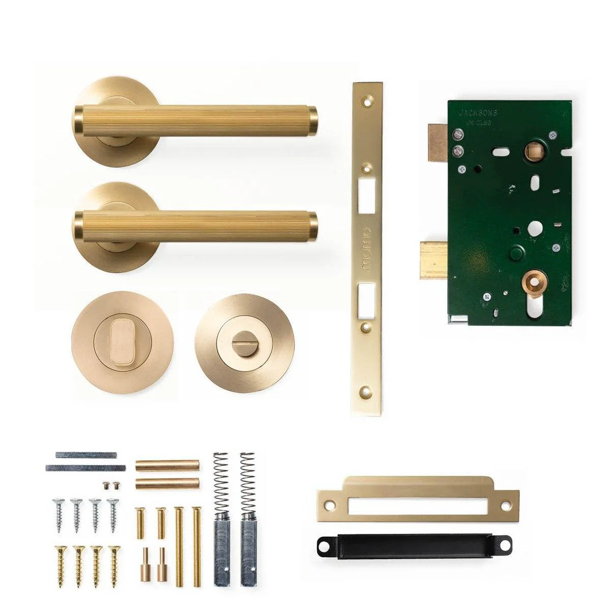 Momo Bellevue Lined Door Handle Mortice Lock Privacy Set Brushed Satin Brass