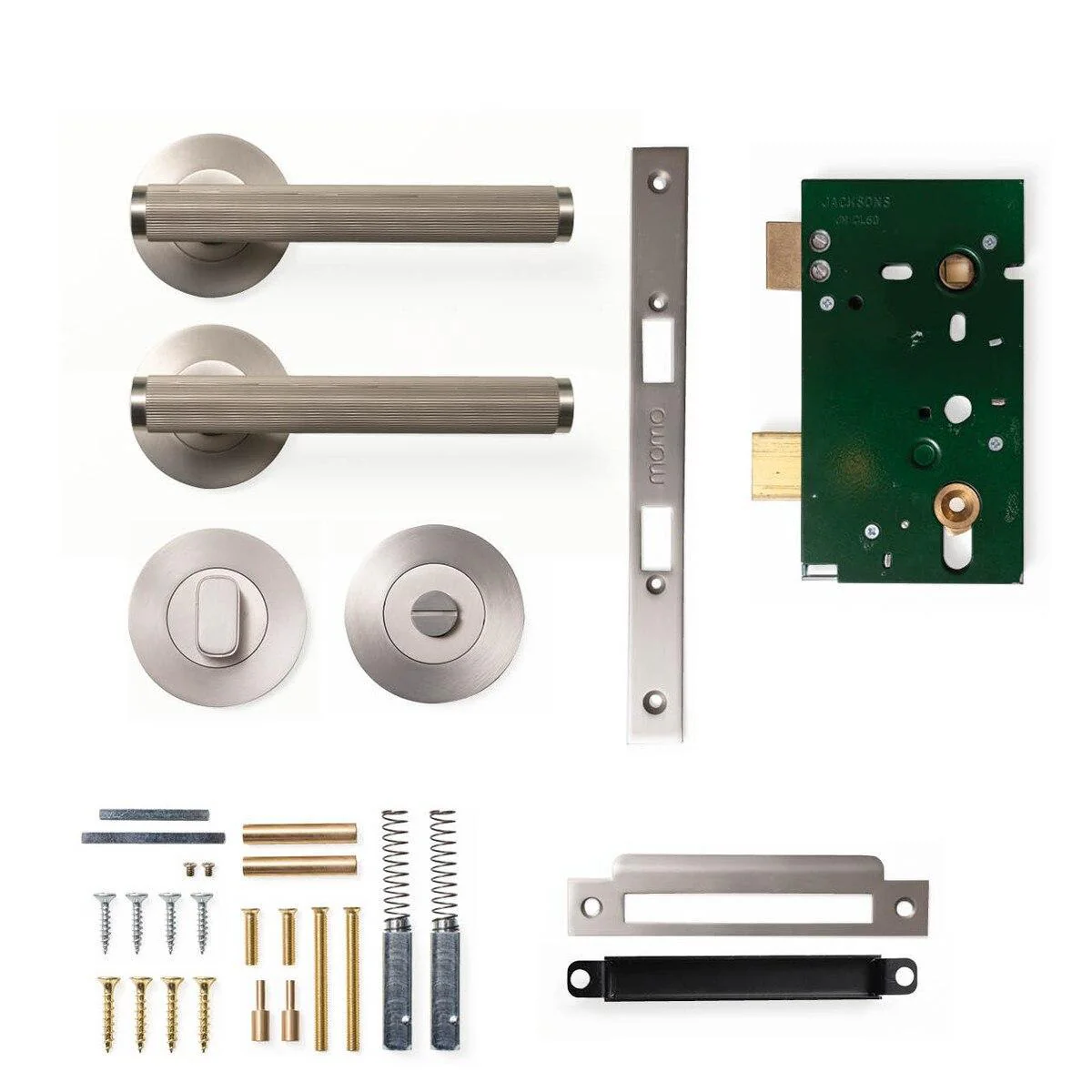 Momo Bellevue Lined Door Handle Mortice Lock Privacy Set Dull Brushed Nickel