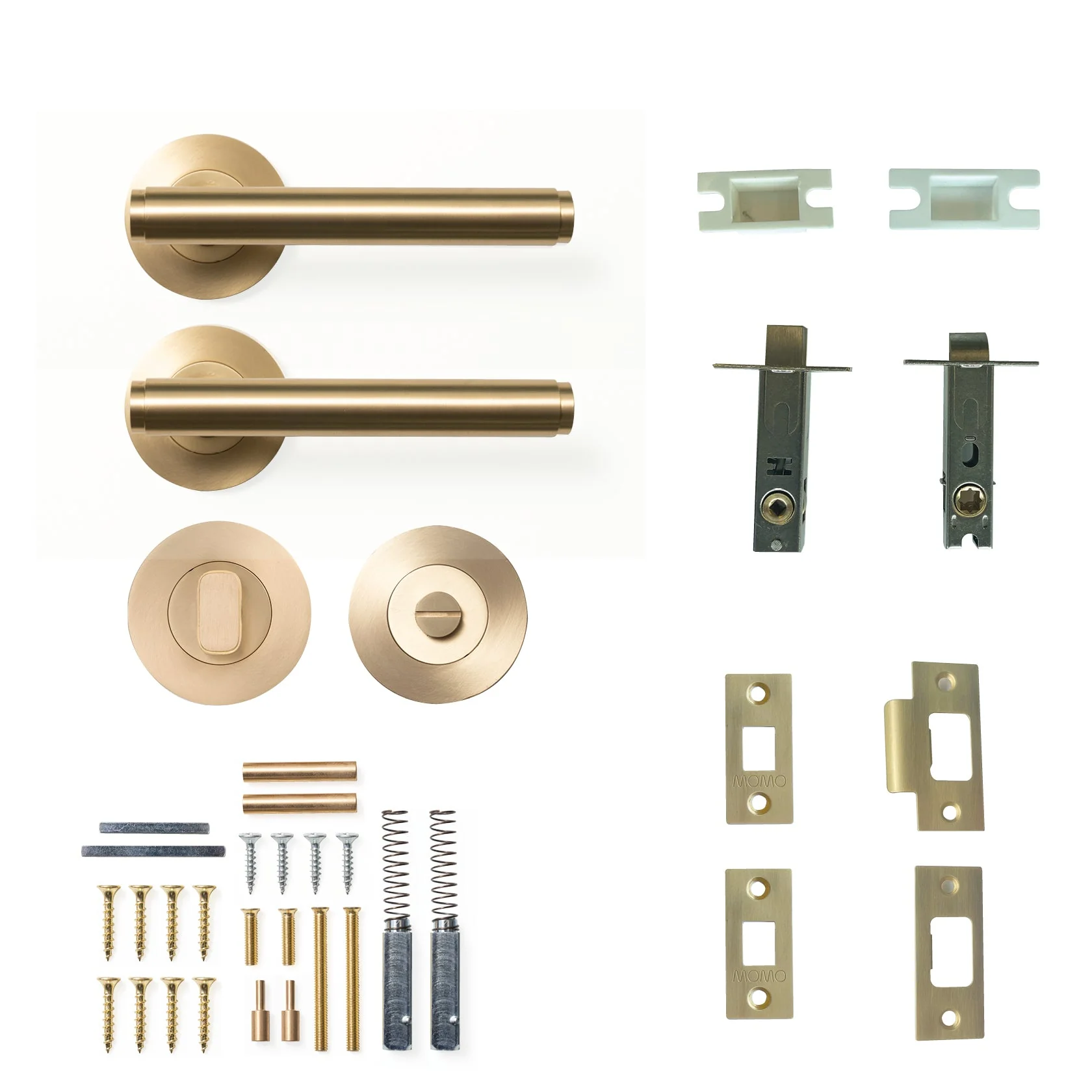 Momo Bellevue Plain Door Handle Tubular Latch Privacy Set Brushed Satin Brass