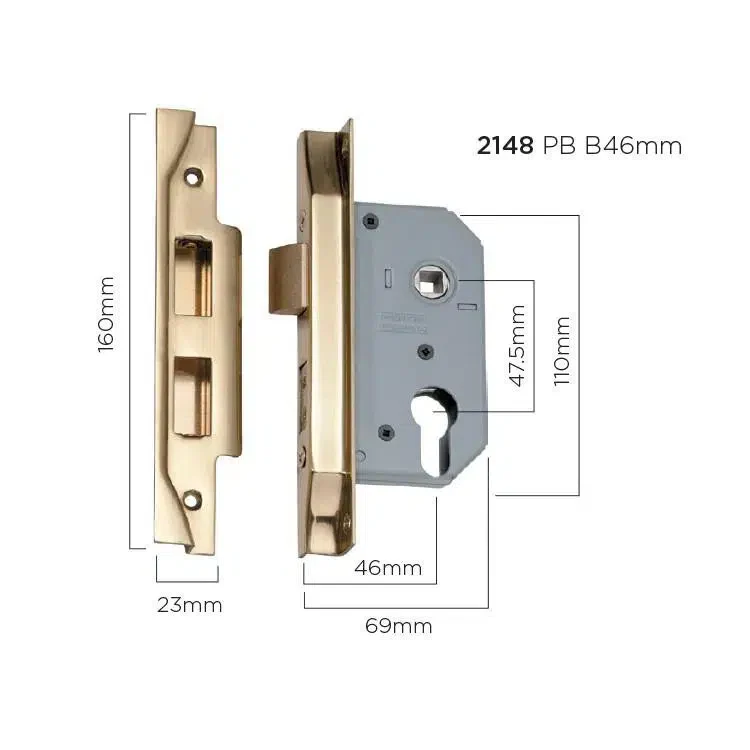 Tradco Mortice Lock Euro Rebated Polished Brass CTC47.5mm Backset 46mm - Image 2