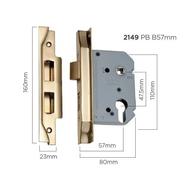 Tradco Mortice Lock Euro Rebated Polished Brass CTC47.5mm Backset 57mm - Image 2