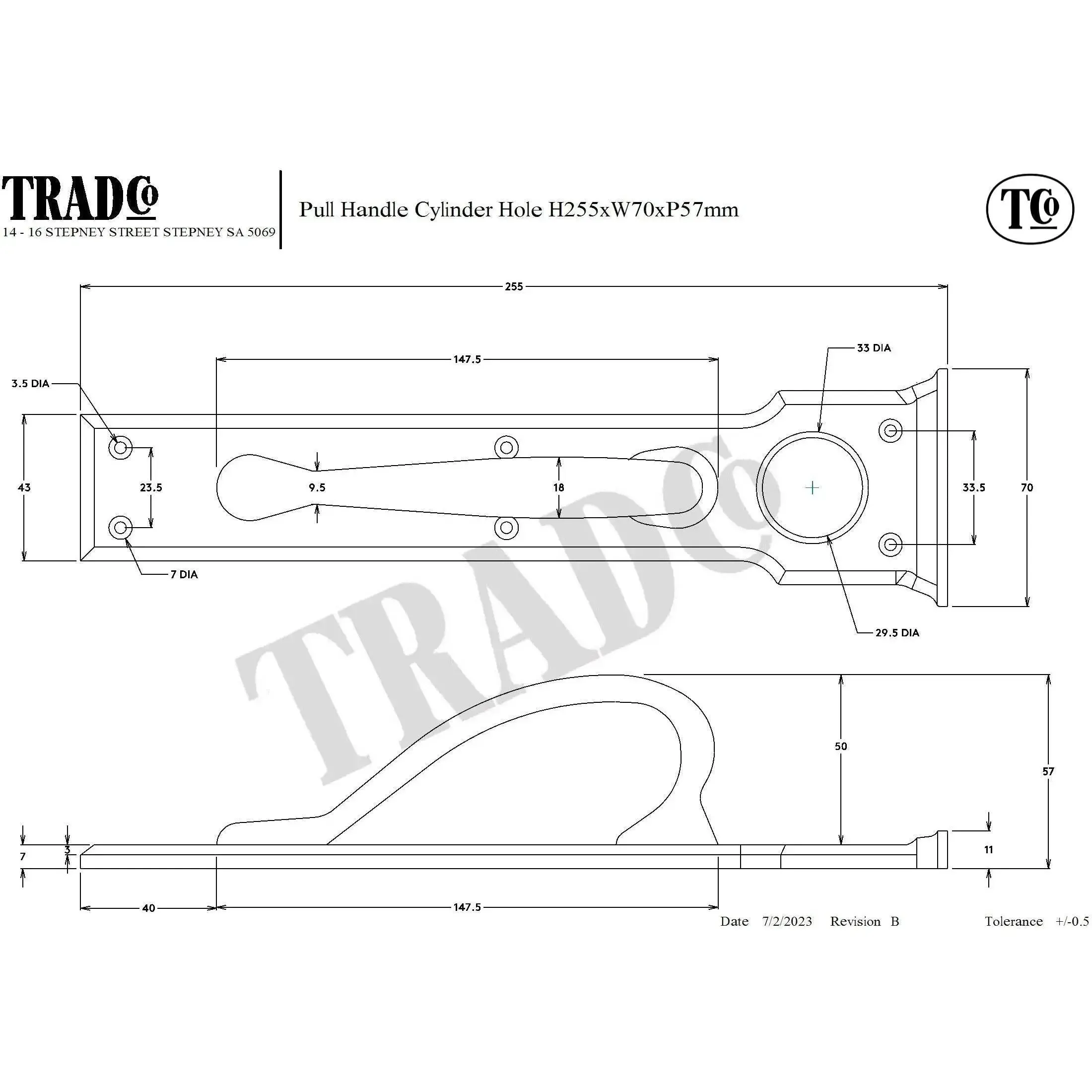 Tradco Pull Handle Cylinder Hole Antique Brass H255xW70xP57mm - Image 2