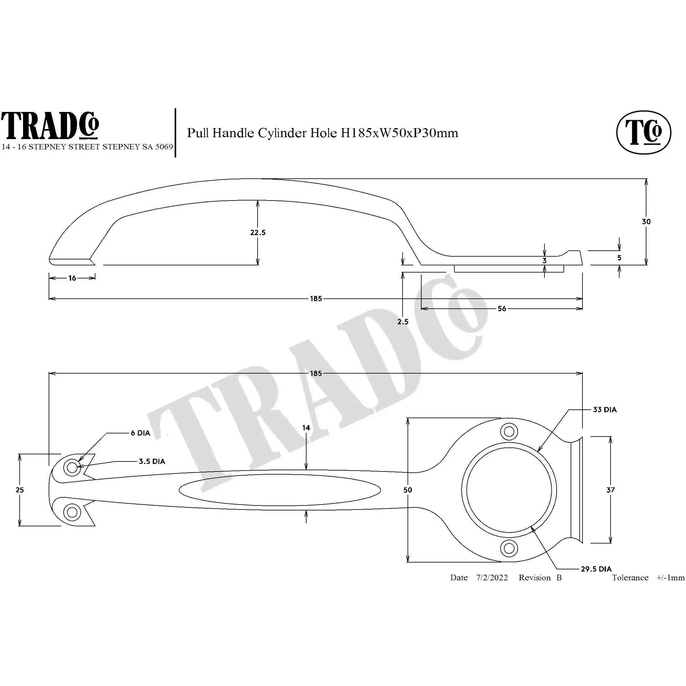 Tradco Pull Handle Cylinder Hole Matt Black H185xW50xP28mm - Image 2