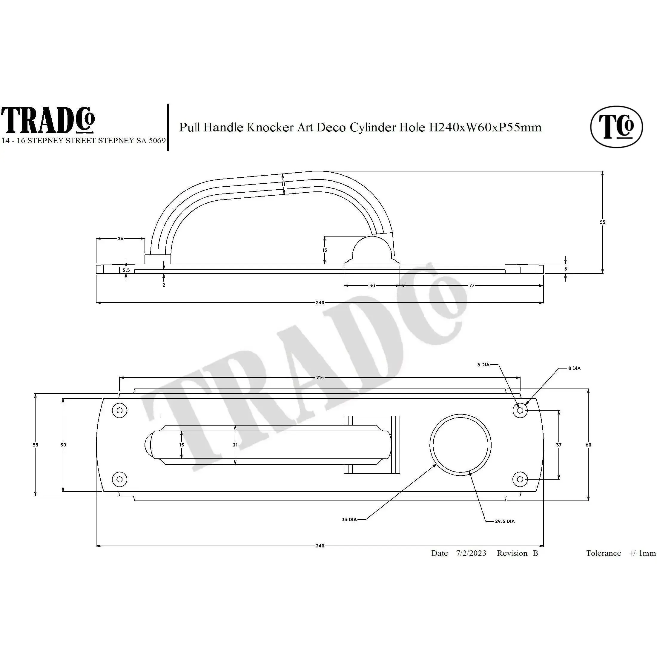 Tradco Pull Handle Knocker Art Deco Cylinder Hole Chrome Plated H240xW60mm - Image 2