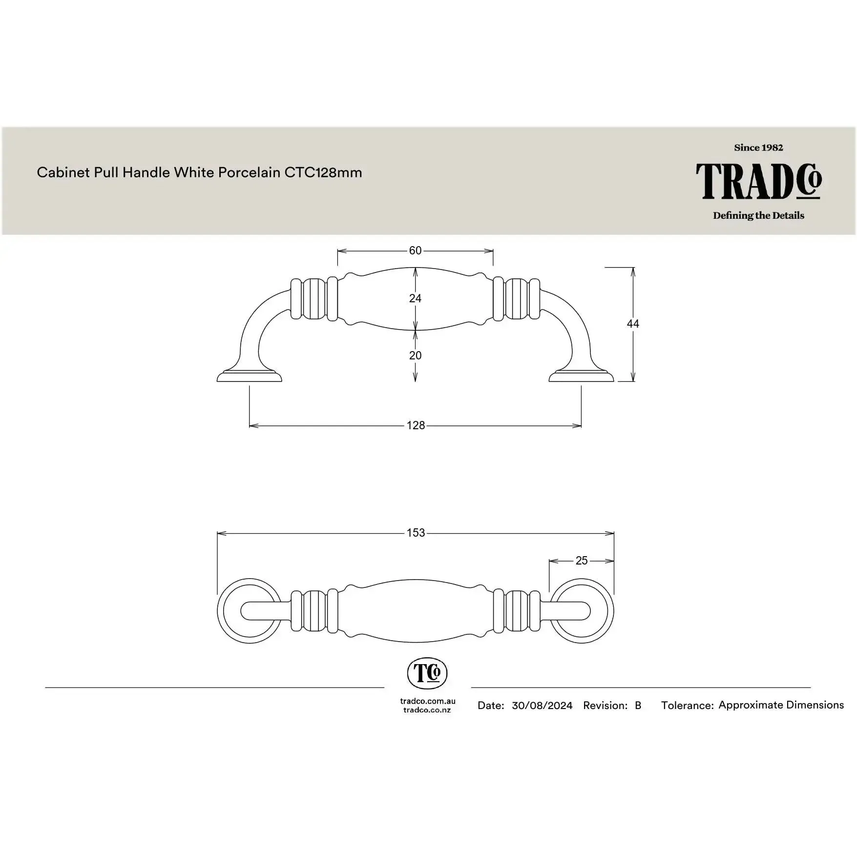 Tradco Pull Handle White Porcelain Chrome Plated CTC128mm - Image 2