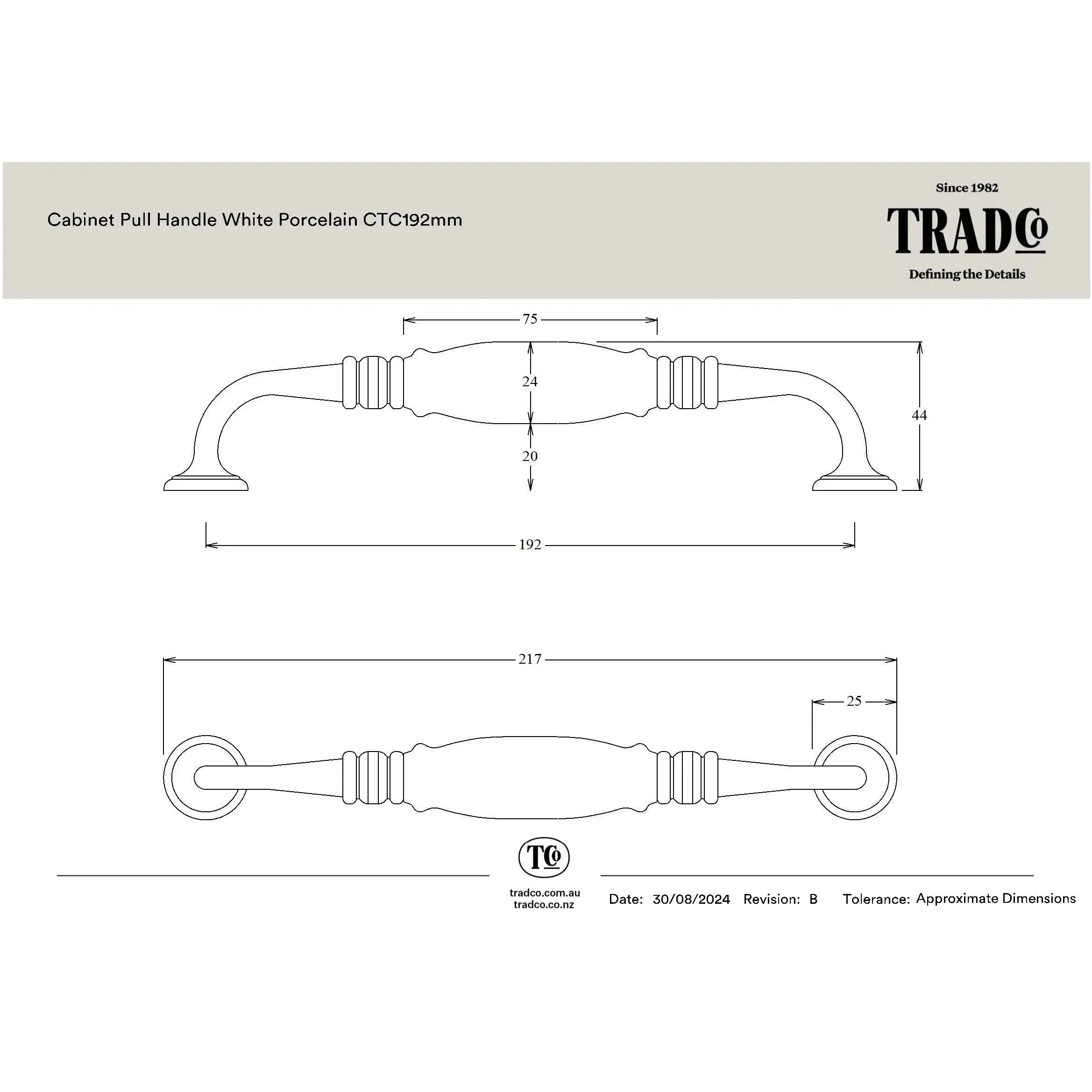 Tradco Pull Handle White Porcelain Chrome Plated CTC192mm - Image 2
