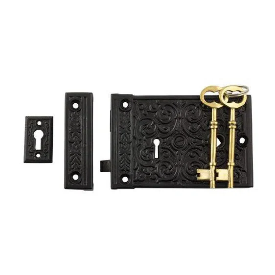 Tradco Rim Lock Ornate Matt Black H90xW130mm Backset 100mm